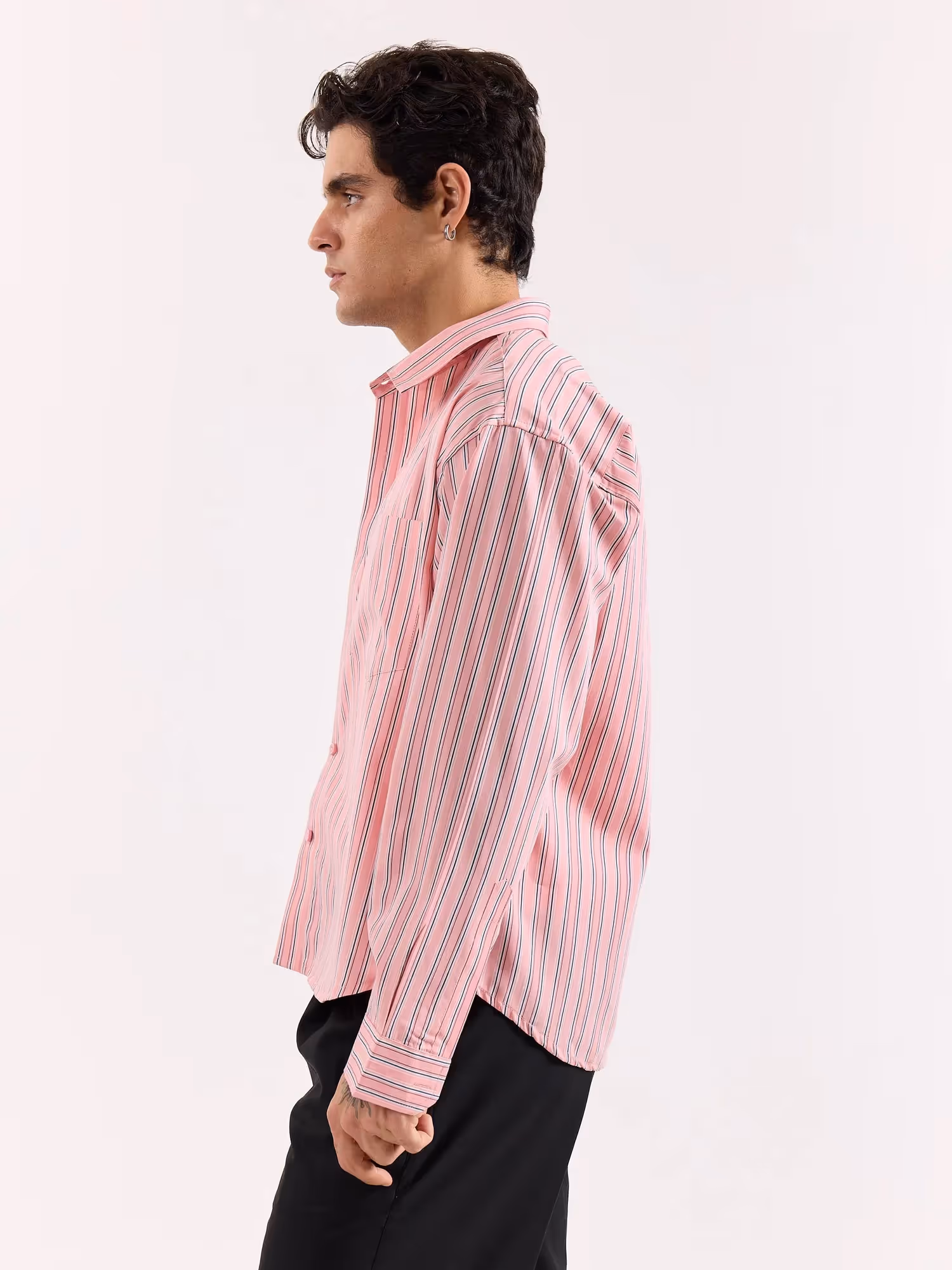 Salmon Pink & Blue Striped Poplin Oversized Shirt image 7