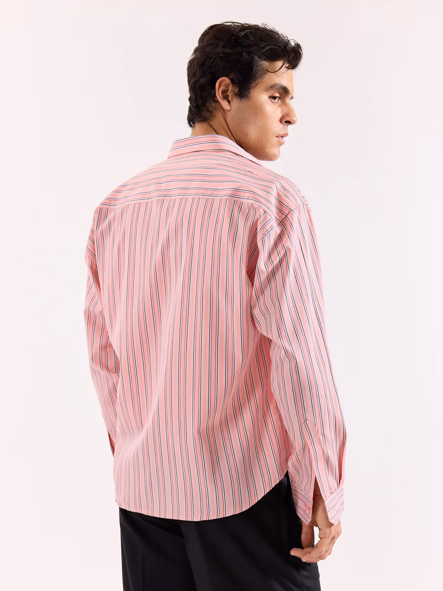 Salmon Pink & Blue Striped Poplin Oversized Shirt image 8