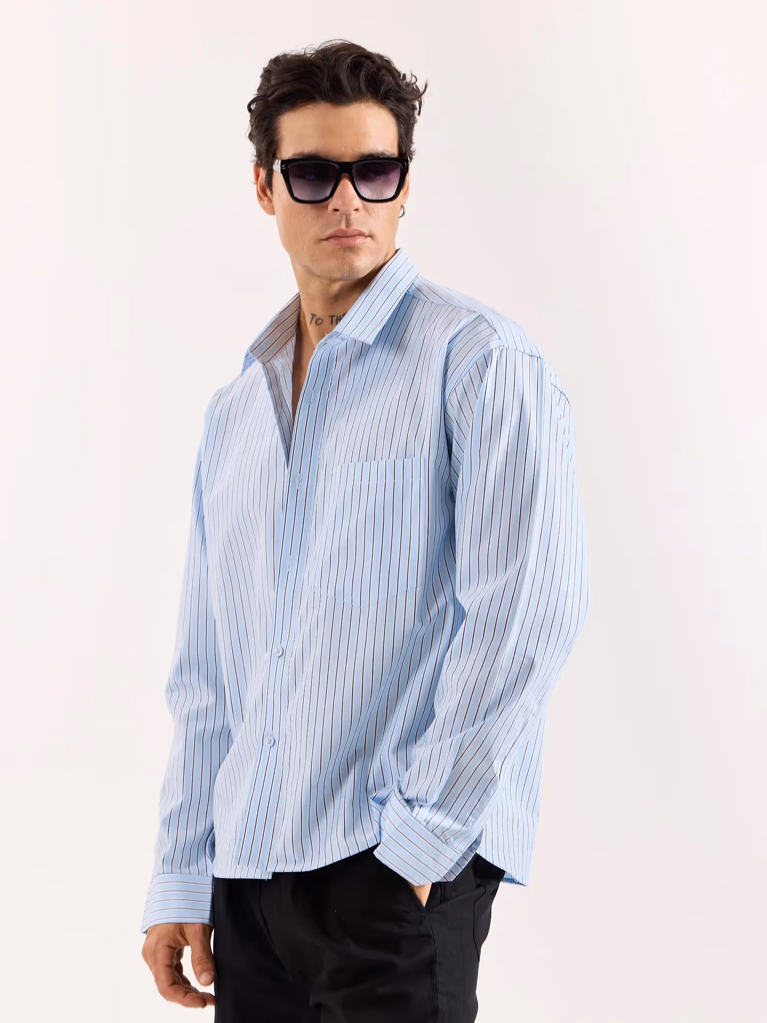 Sky Blue & Black Striped Poplin Oversized Shirt image 6