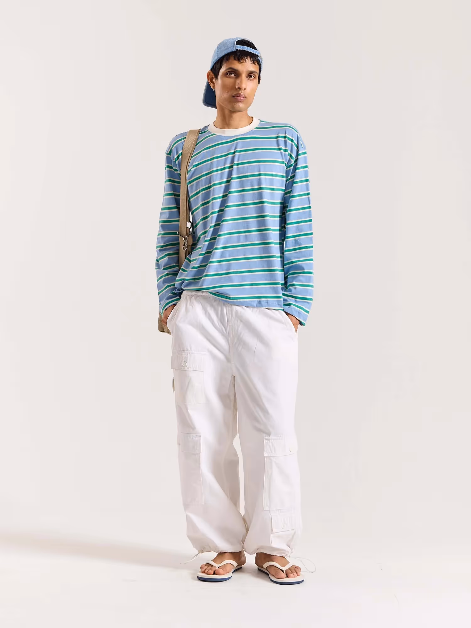 Sky Blue & Green Striped Loose Fit Cropped T-Shirt image 1