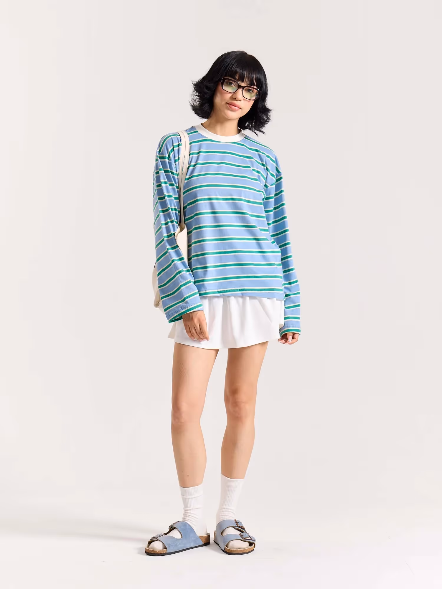 Sky Blue & Green Striped Loose Fit Cropped T-Shirt image 2