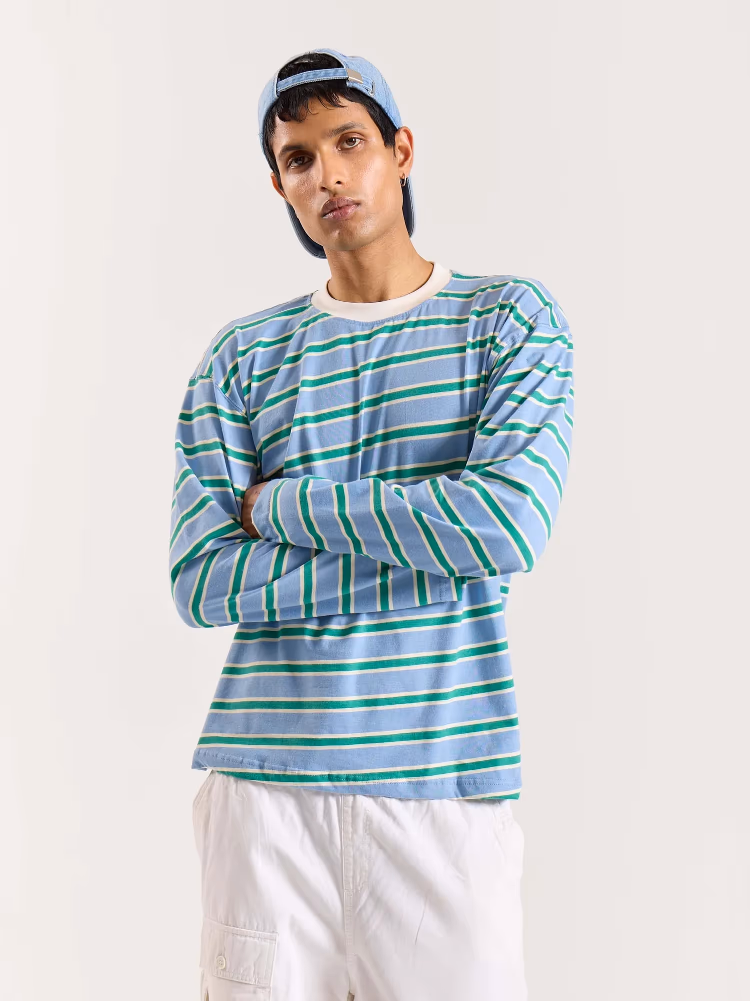 Sky Blue & Green Striped Loose Fit Cropped T-Shirt image 3