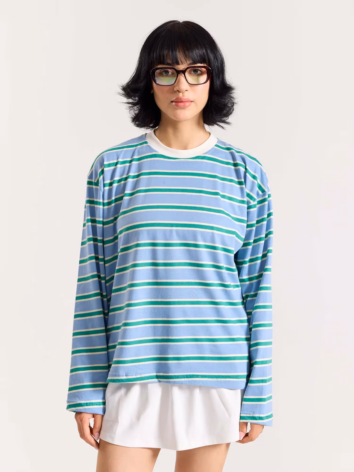 Sky Blue & Green Striped Loose Fit Cropped T-Shirt image 4