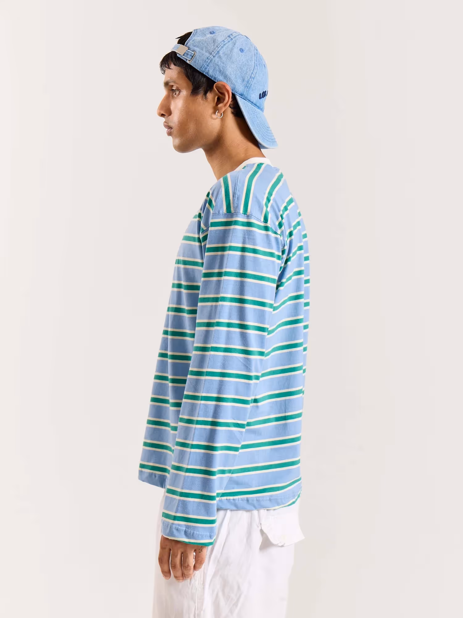 Sky Blue & Green Striped Loose Fit Cropped T-Shirt image 5