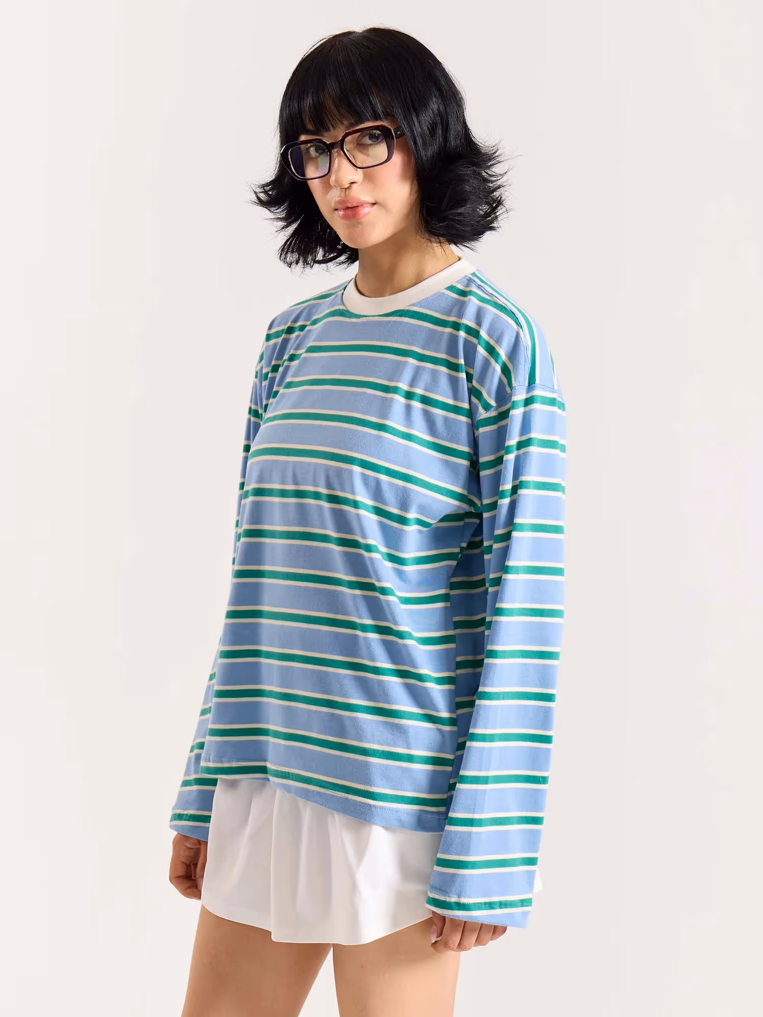 Sky Blue & Green Striped Loose Fit Cropped T-Shirt image 6