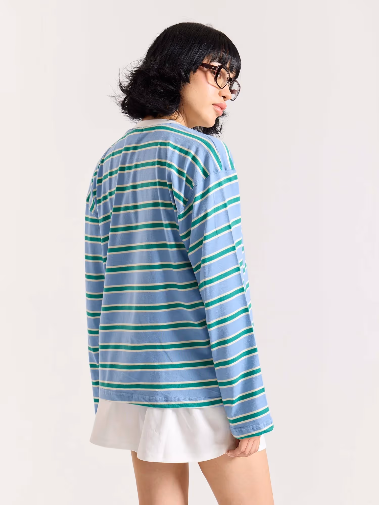 Sky Blue & Green Striped Loose Fit Cropped T-Shirt image 7