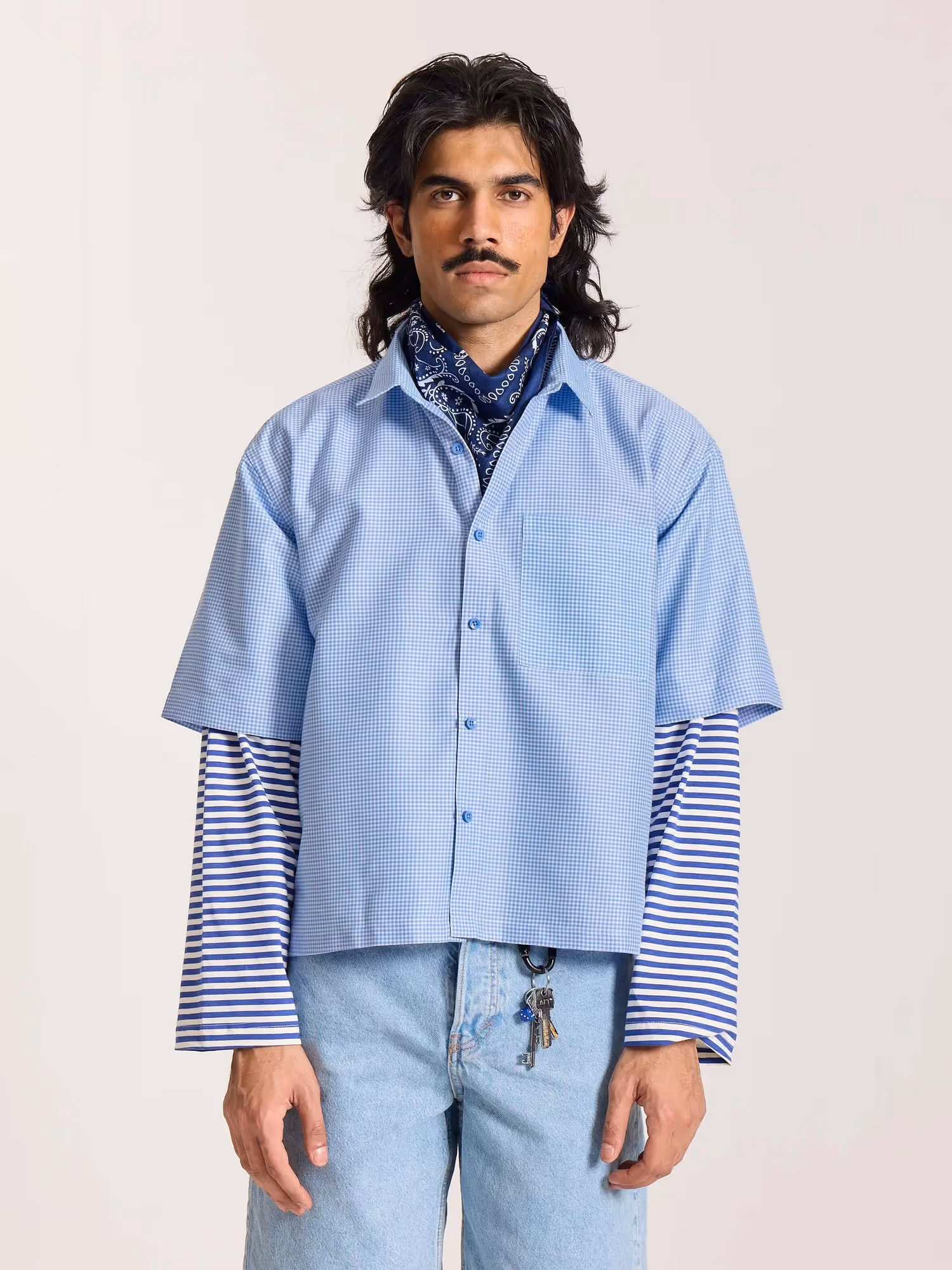 Sky Blue Checkered Cropped Shirt  image 3