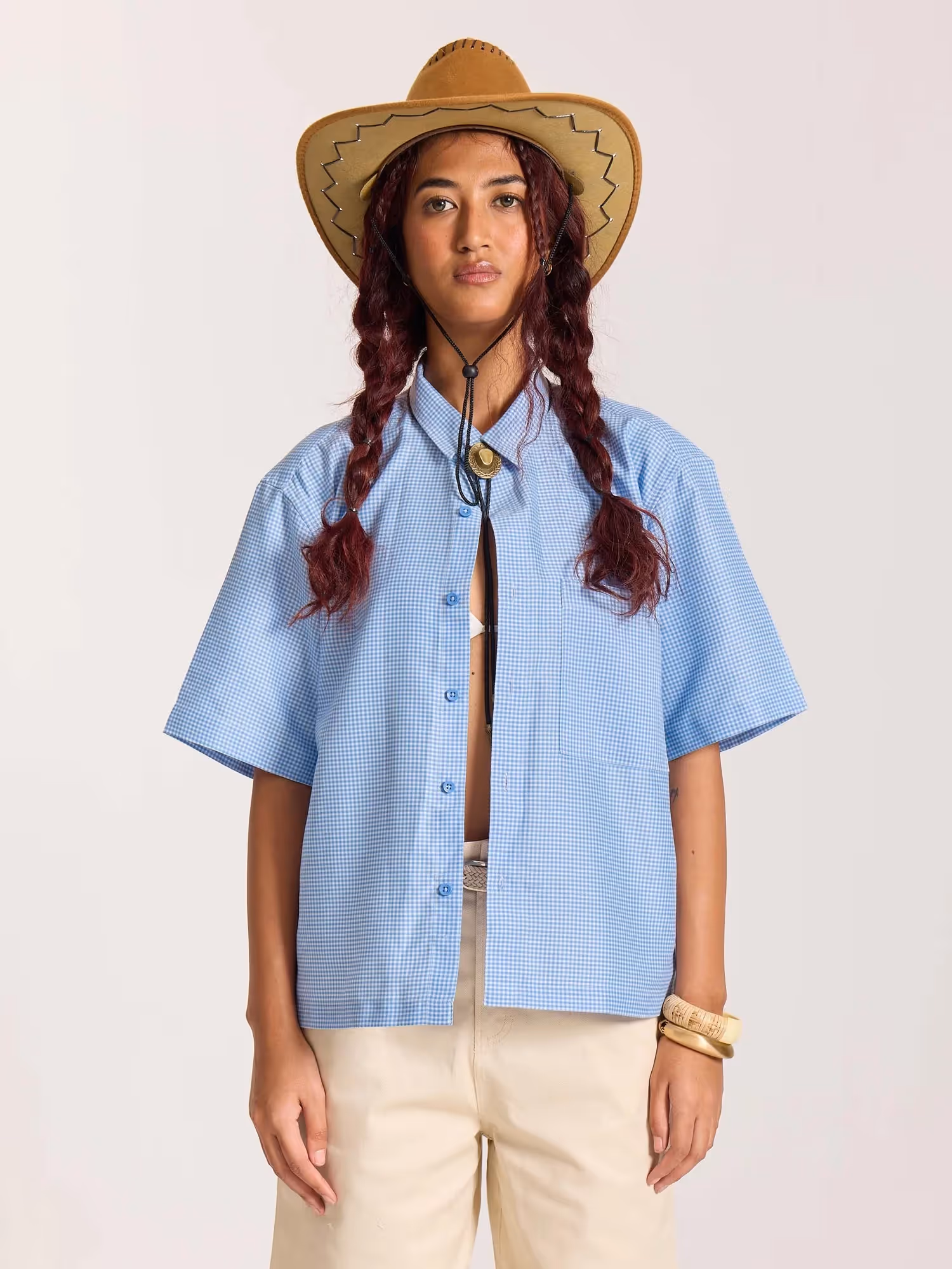 Sky Blue Checkered Cropped Shirt  image 4