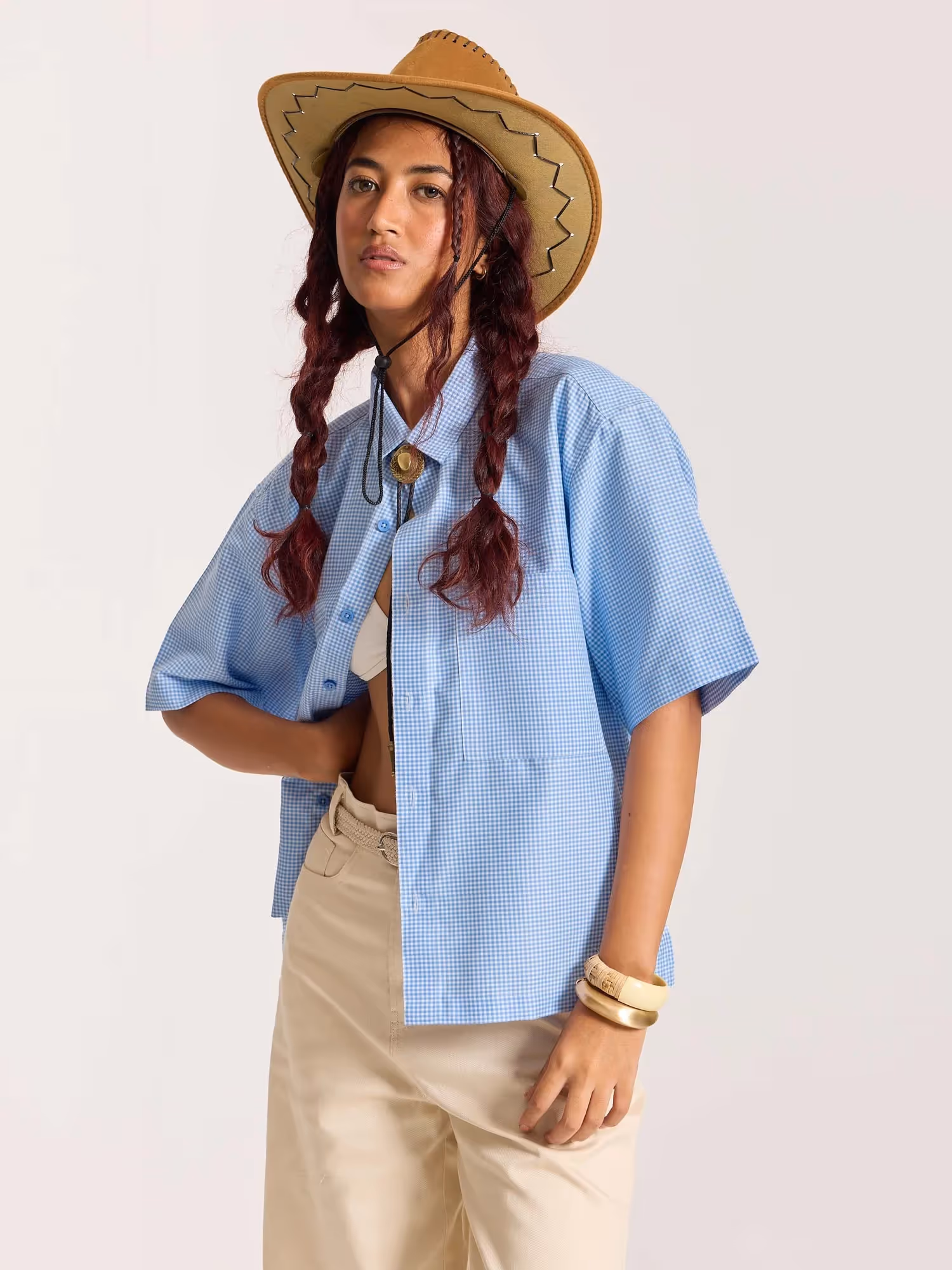 Sky Blue Checkered Cropped Shirt  image 6