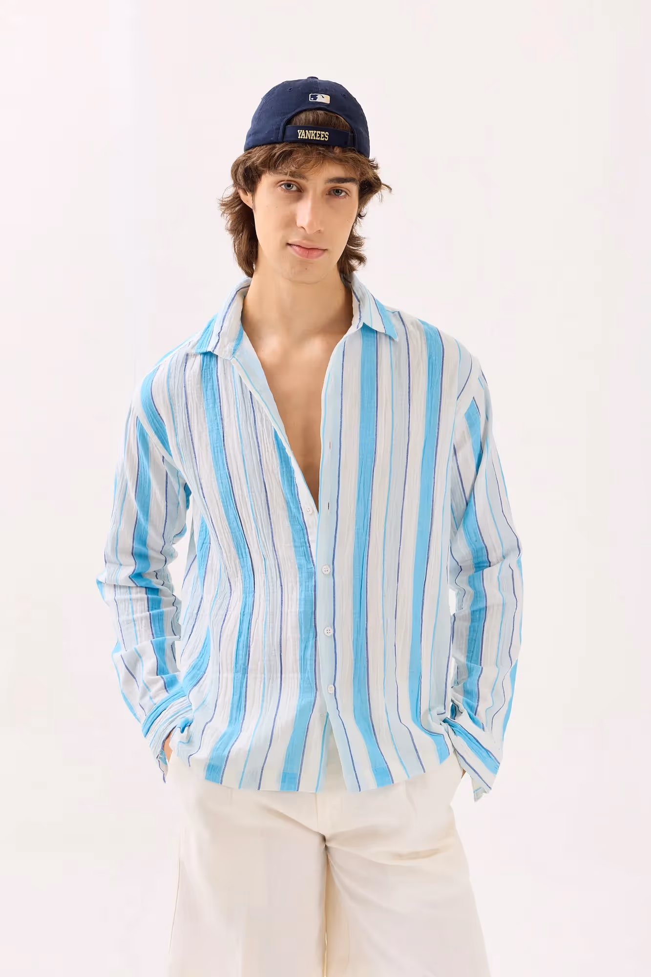 Sky Blue Striped Gauze Holiday Shirt image 2