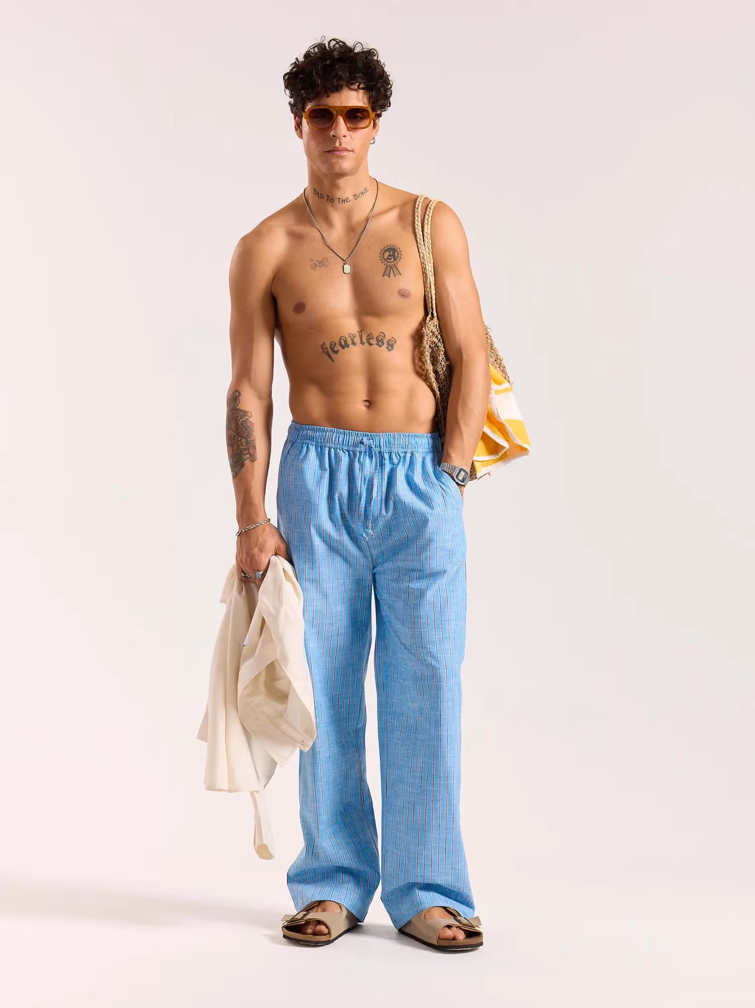 Sky Blue Striped Linen Pull-on Pants image 1