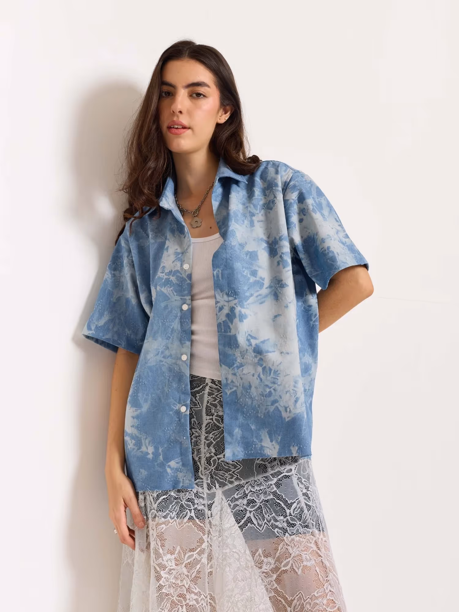 Star Embossed Denim Cropped Shirt image 6
