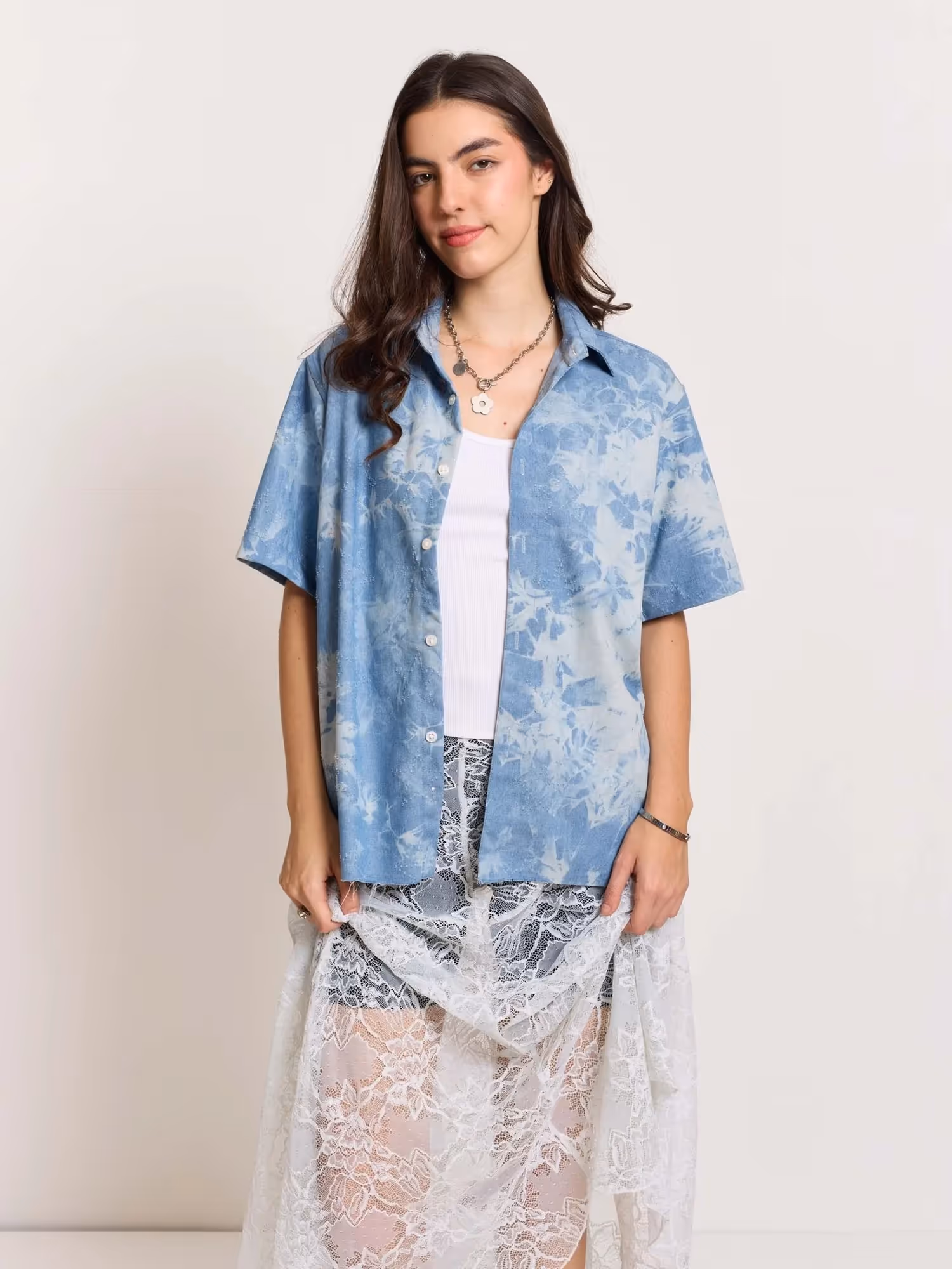 Star Embossed Denim Cropped Shirt image 8