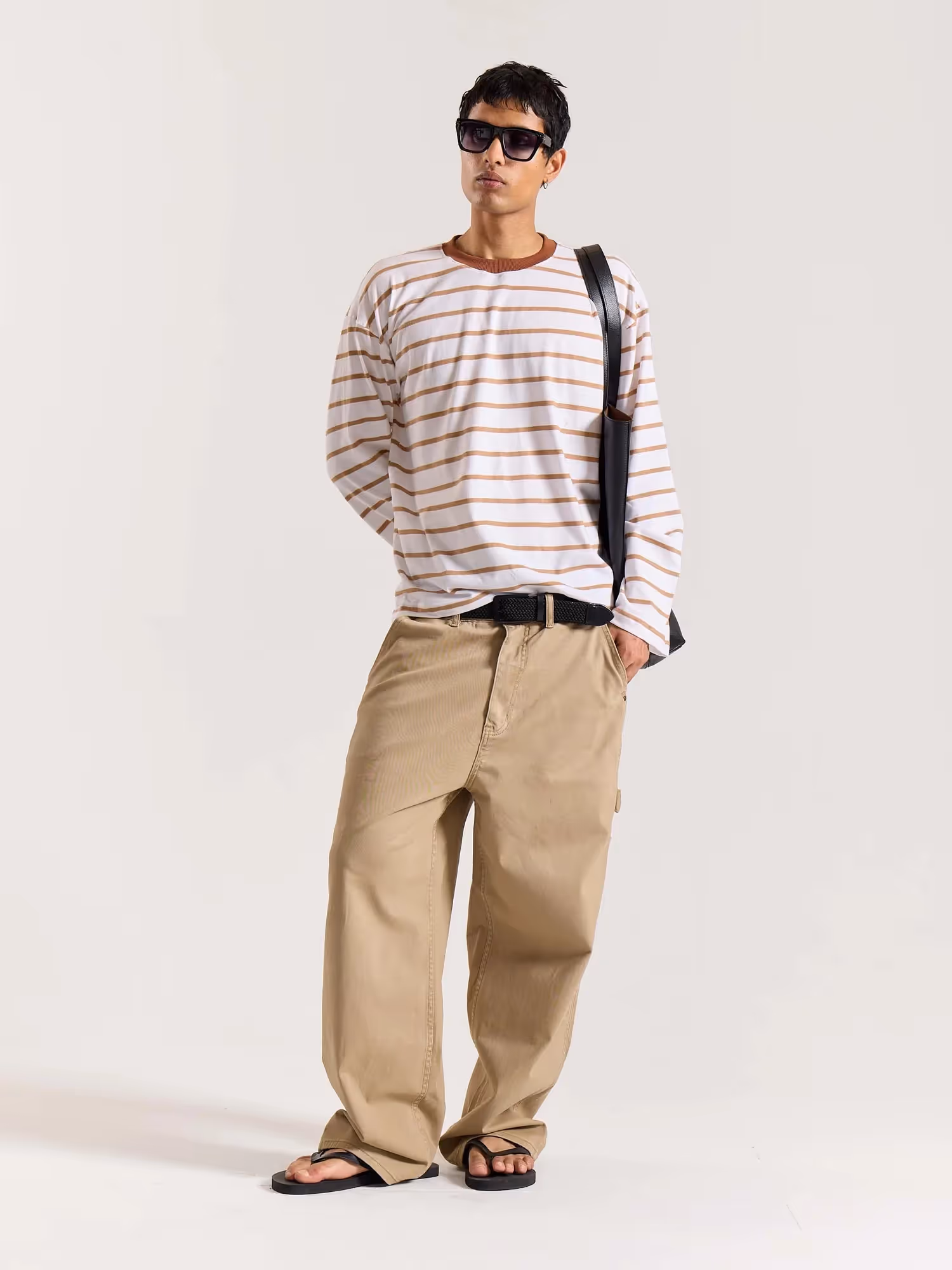 Tan and White Striped Loose Fit Cropped T-Shirt image 1
