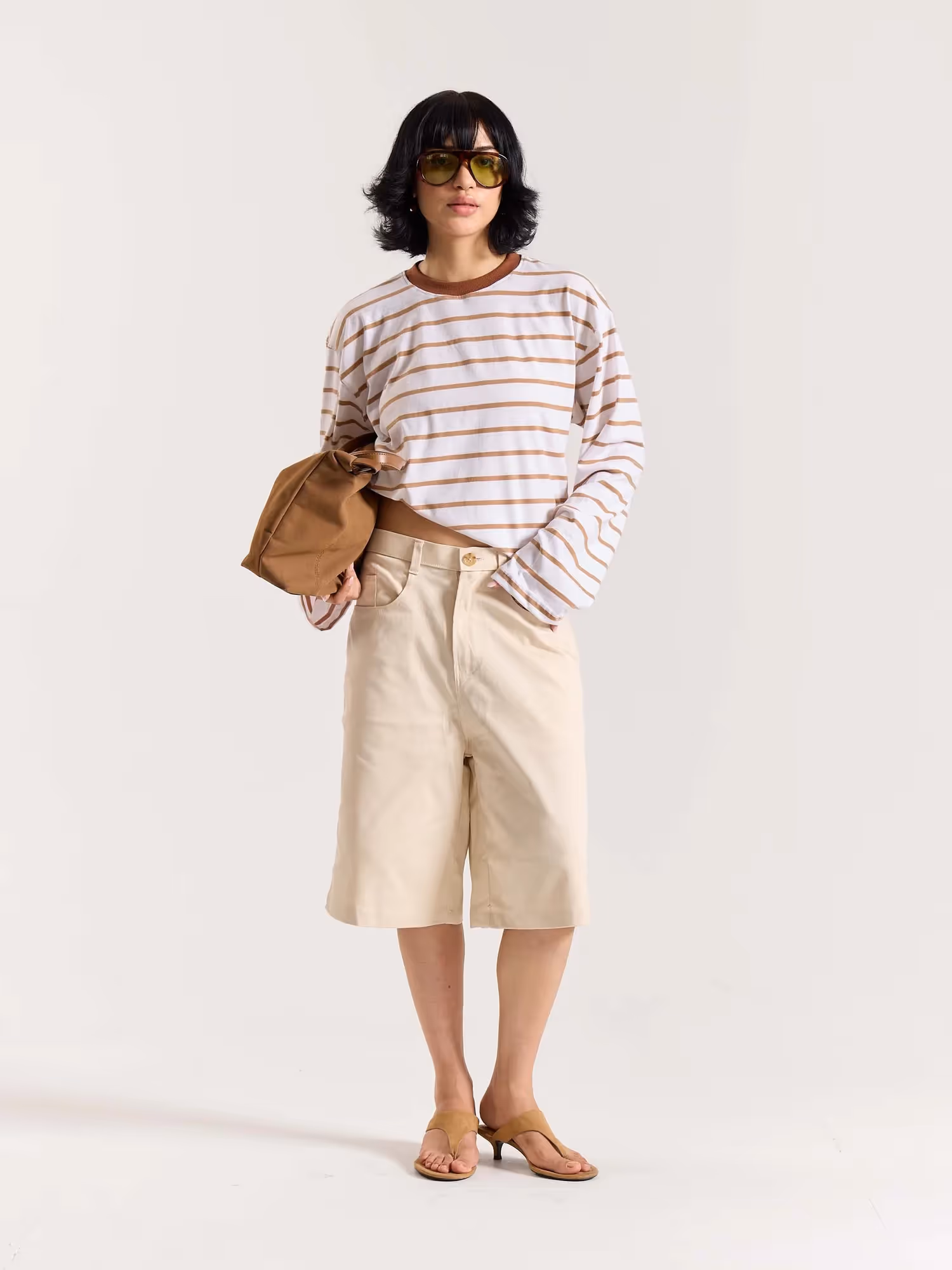 Tan and White Striped Loose Fit Cropped T-Shirt image 2