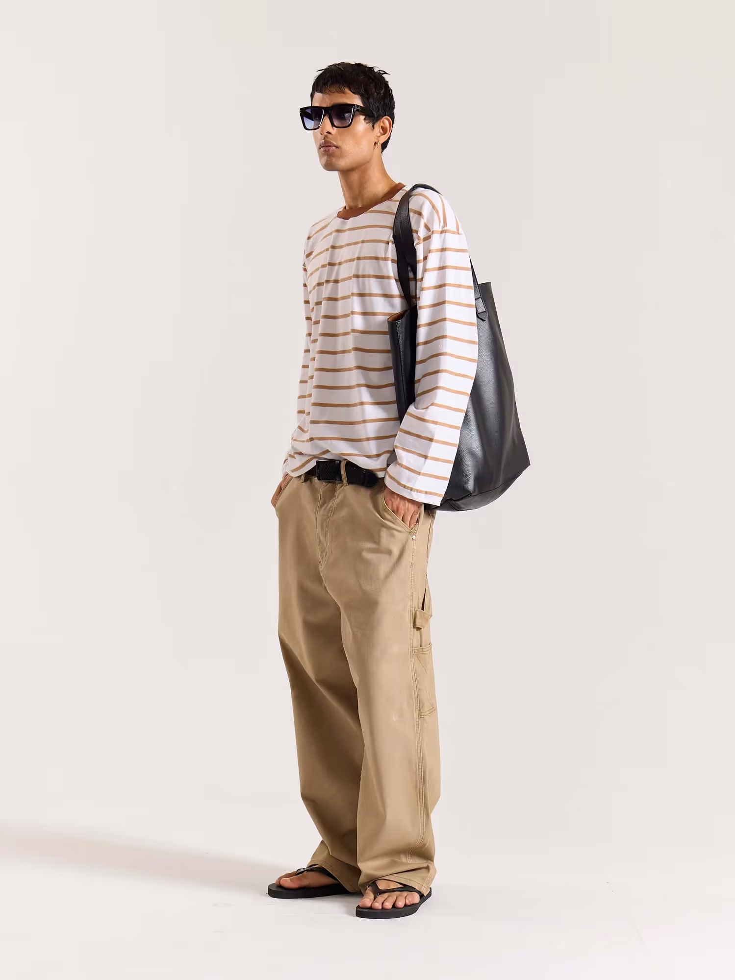 Tan and White Striped Loose Fit Cropped T-Shirt image 3
