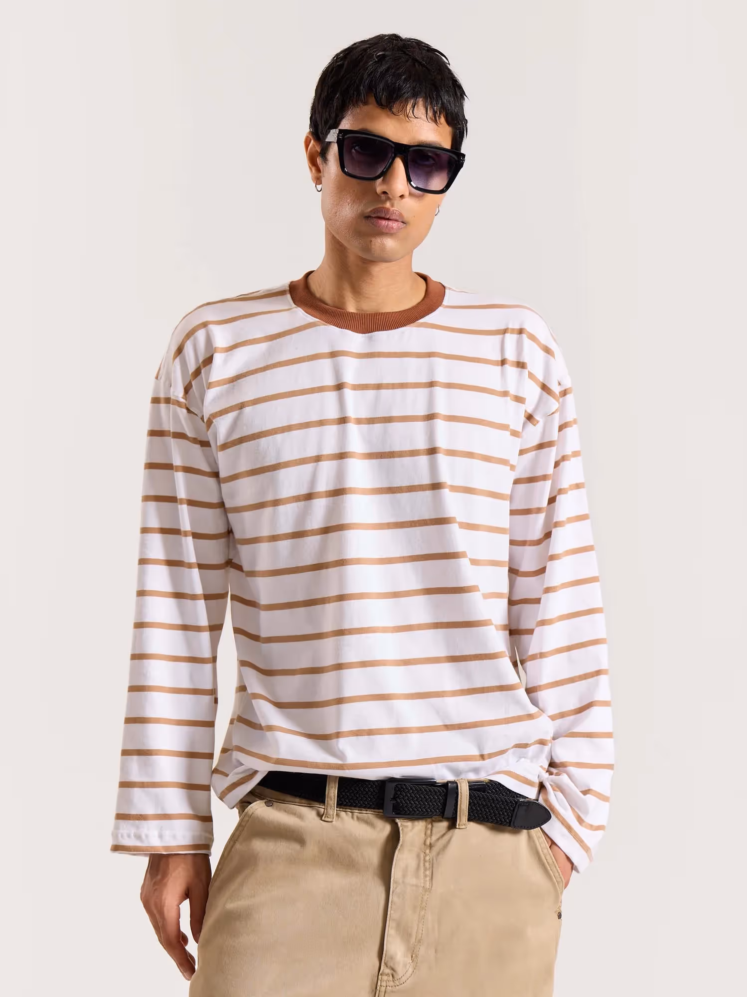 Tan and White Striped Loose Fit Cropped T-Shirt image 4