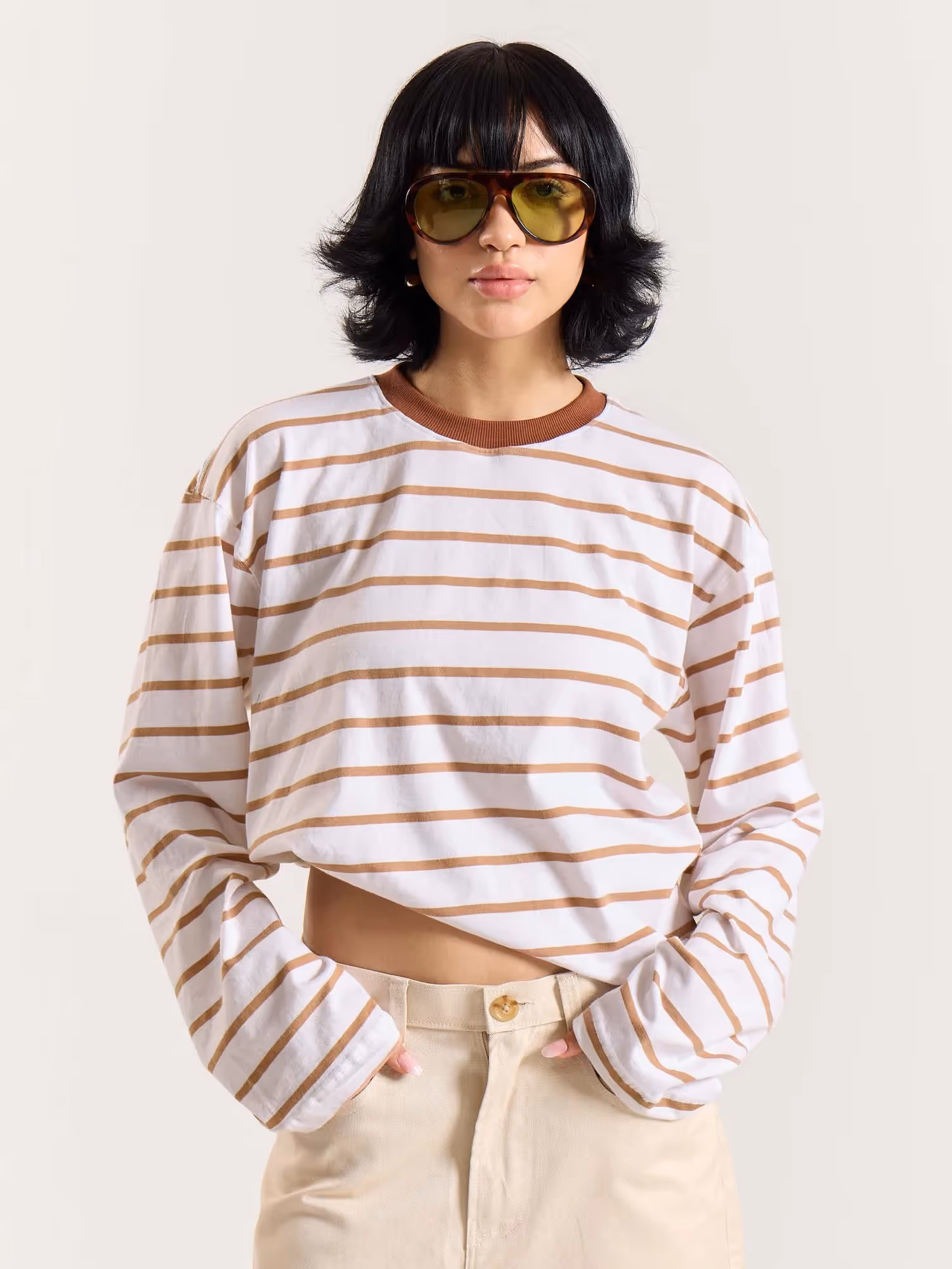 Tan and White Striped Loose Fit Cropped T-Shirt image 5