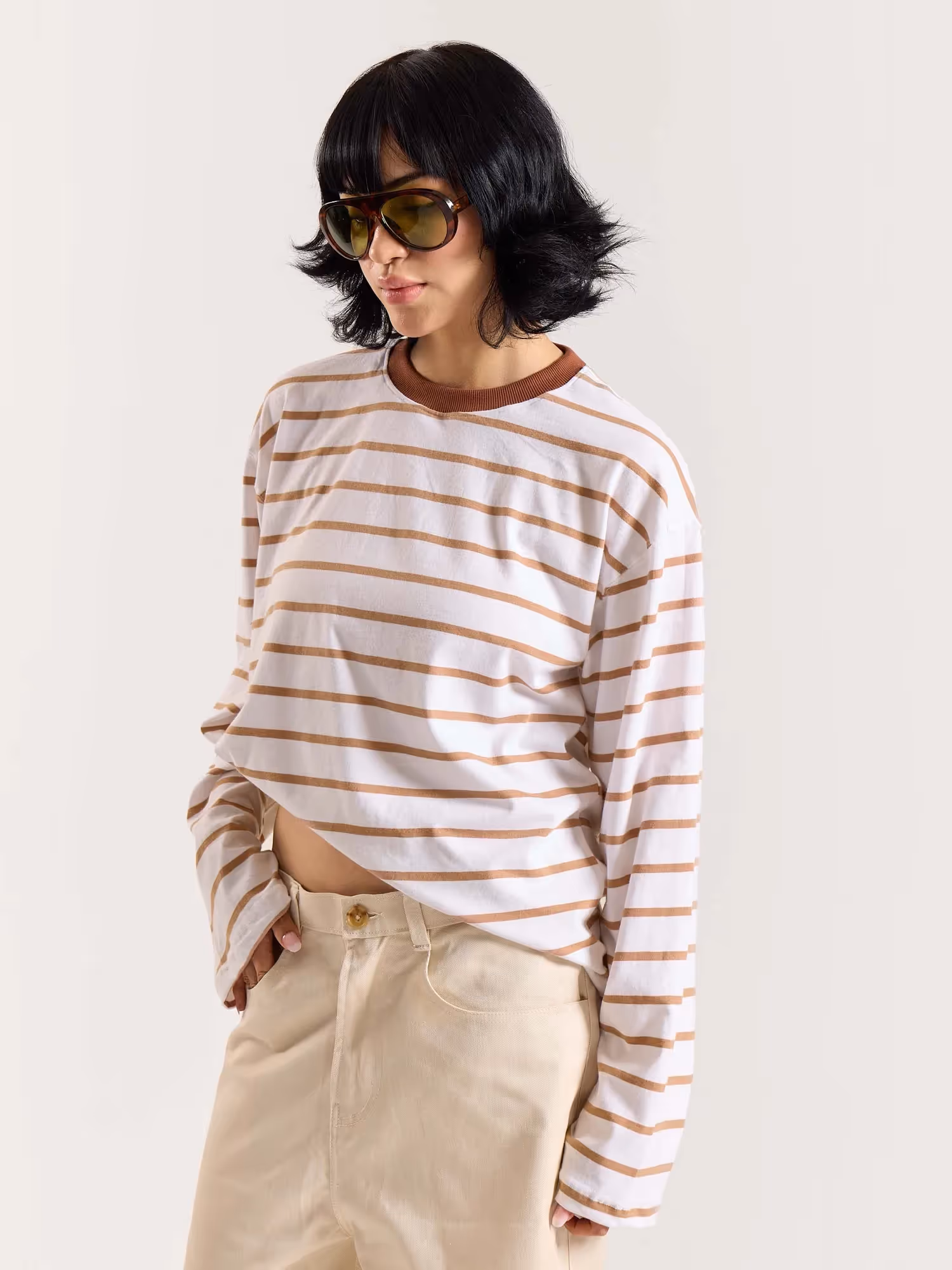 Tan and White Striped Loose Fit Cropped T-Shirt image 6