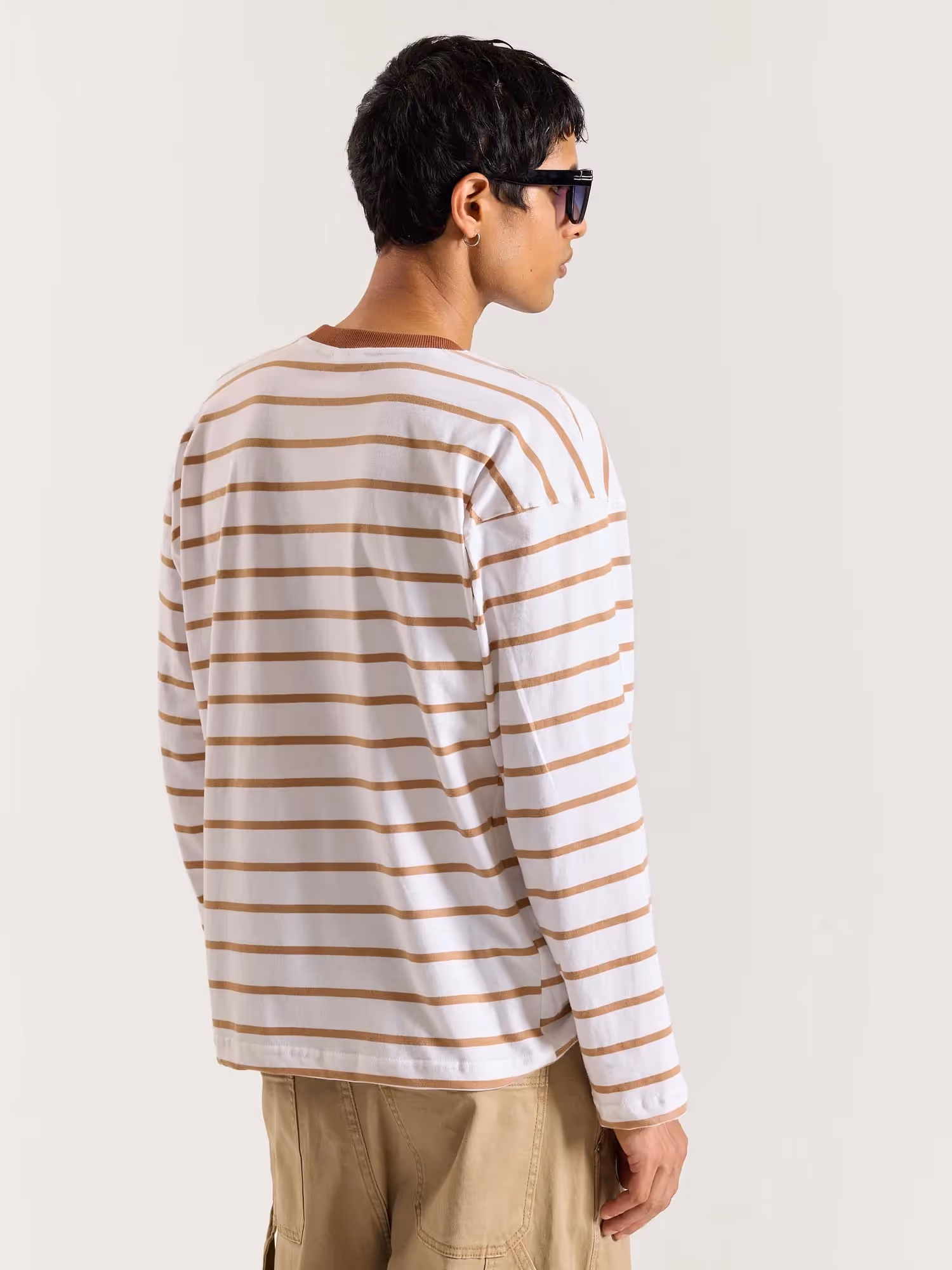 Tan and White Striped Loose Fit Cropped T-Shirt image 7