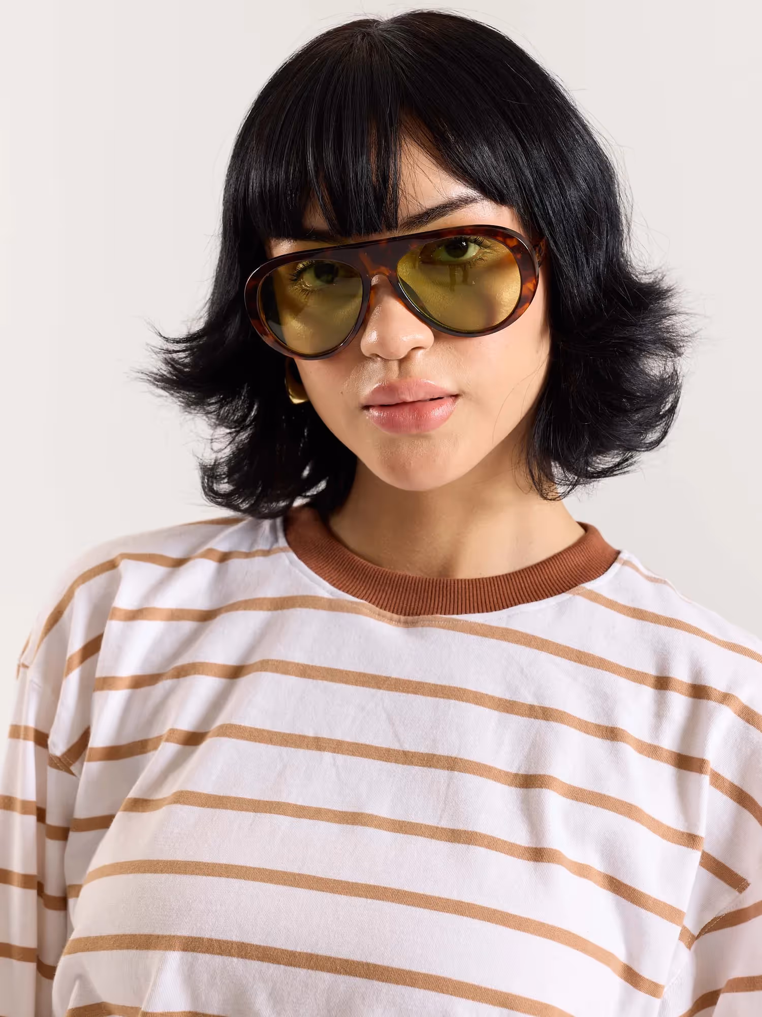 Tan and White Striped Loose Fit Cropped T-Shirt image 8