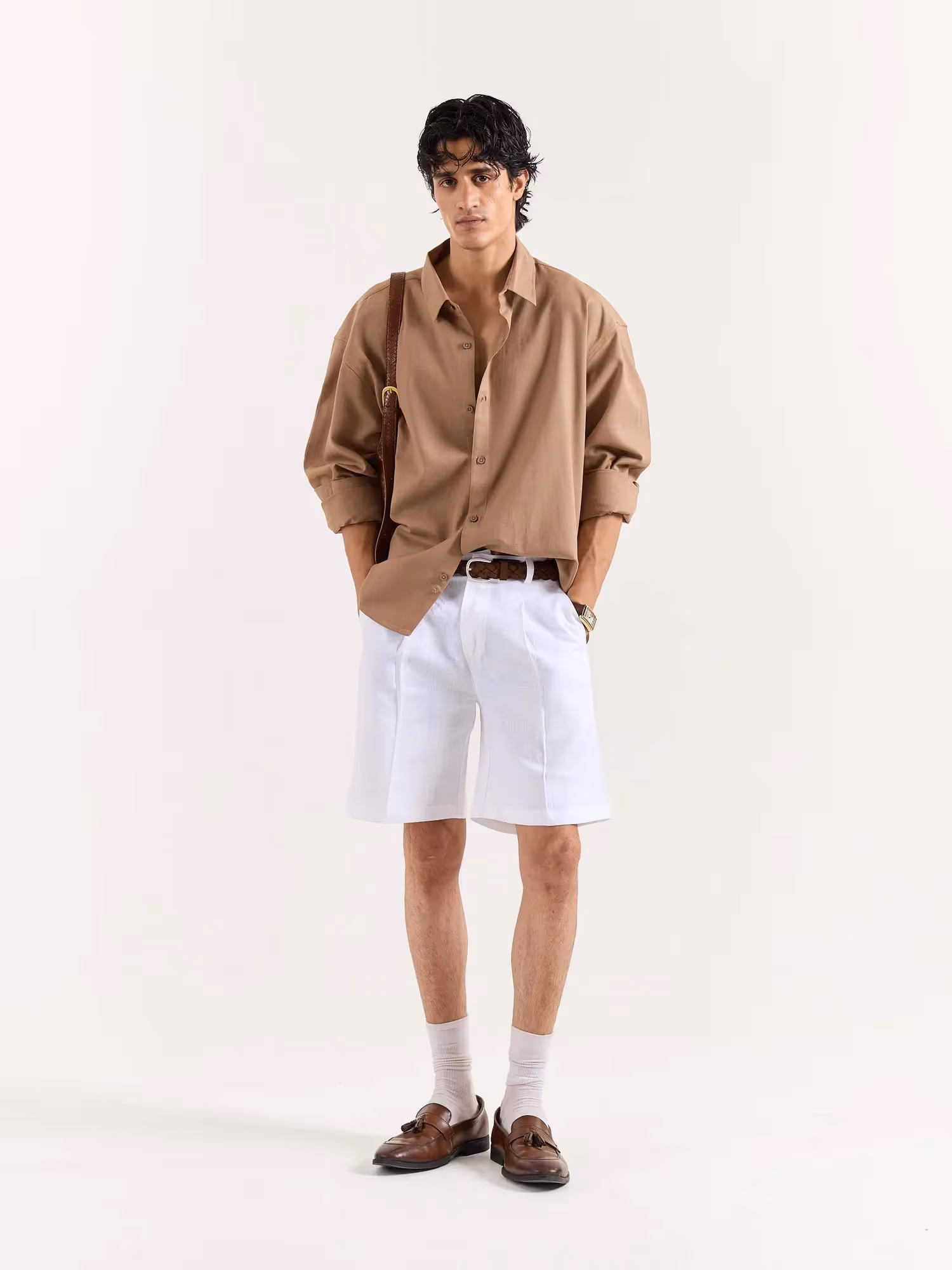 Tan Brown Linen Cropped Shirt image 1