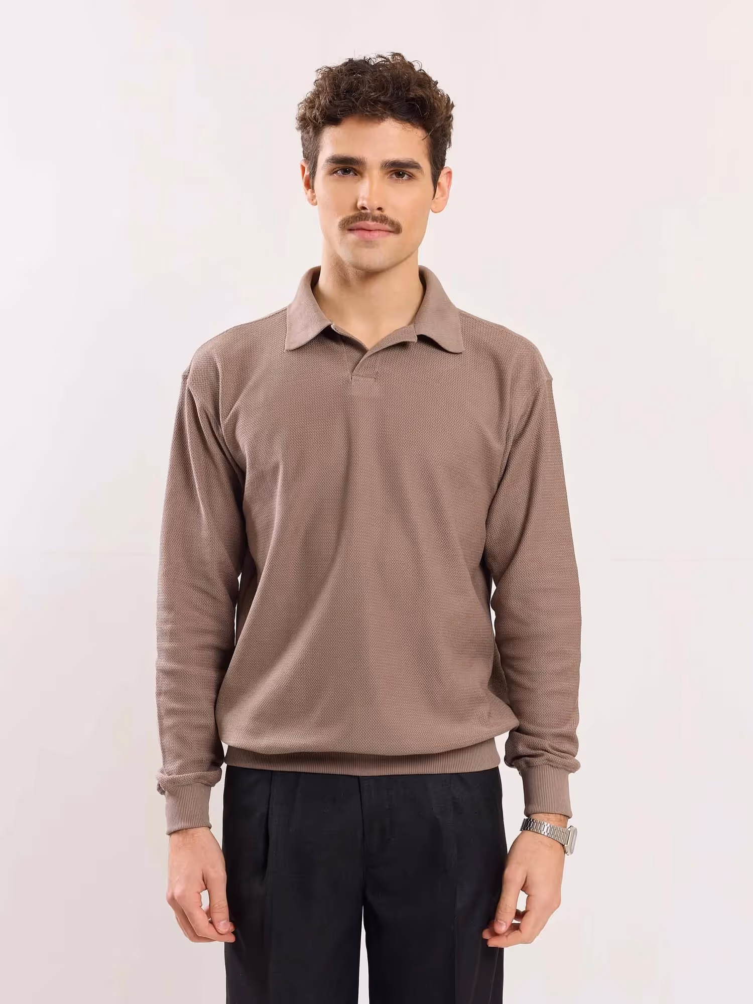 Taupe Jacquard Knit Polo T-shirt  image 1