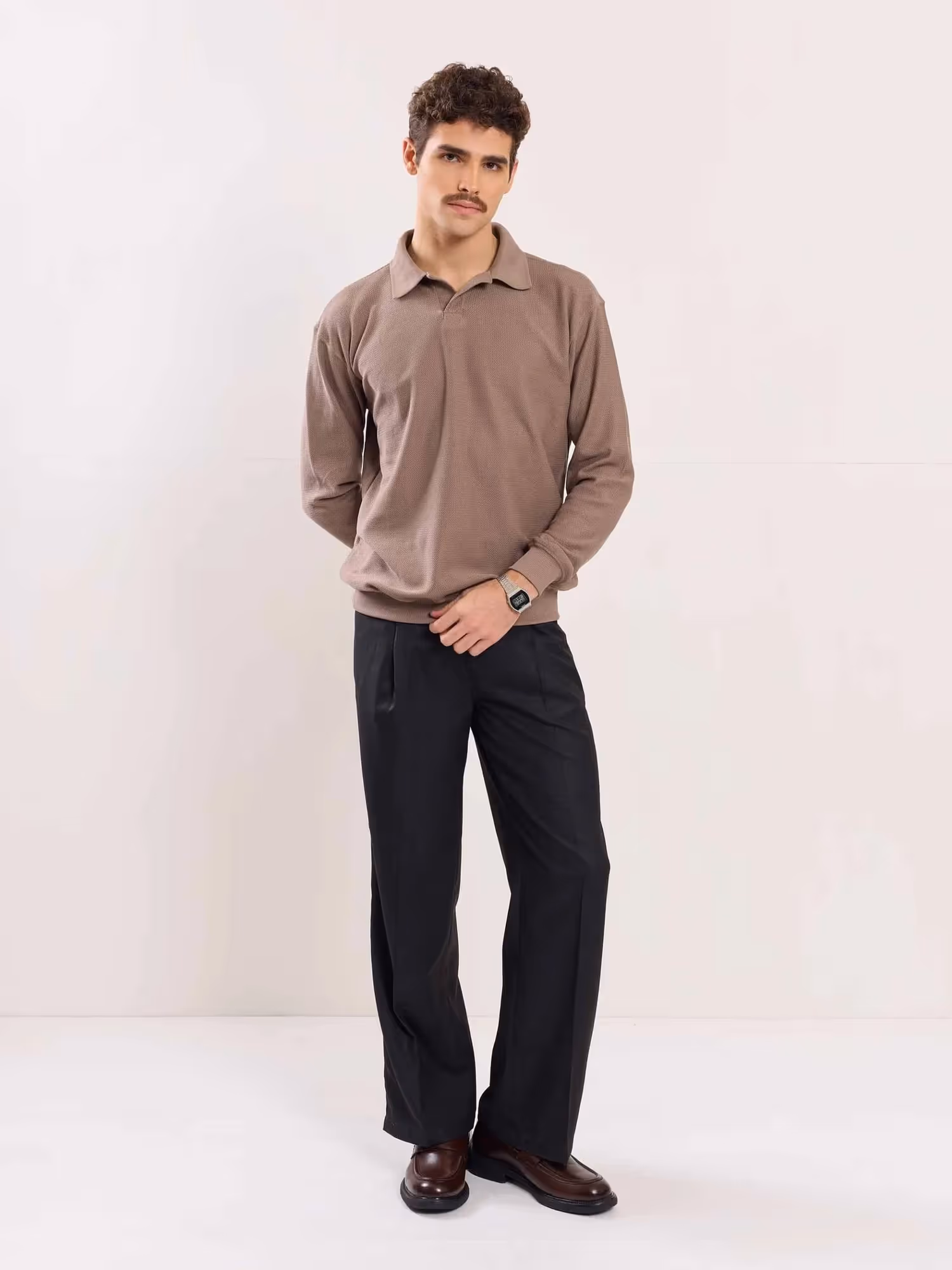 Taupe Jacquard Knit Polo T-shirt image 2