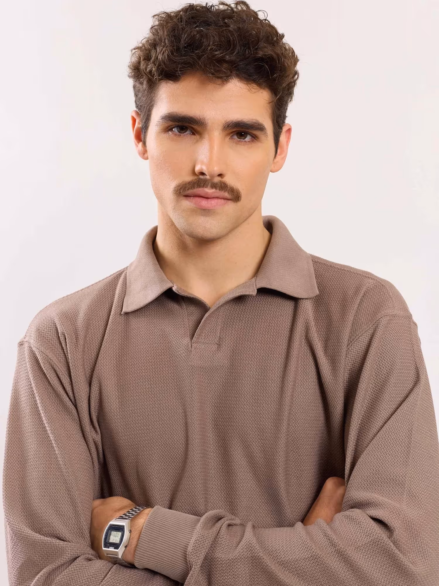 Taupe Jacquard Knit Polo T-shirt image 3