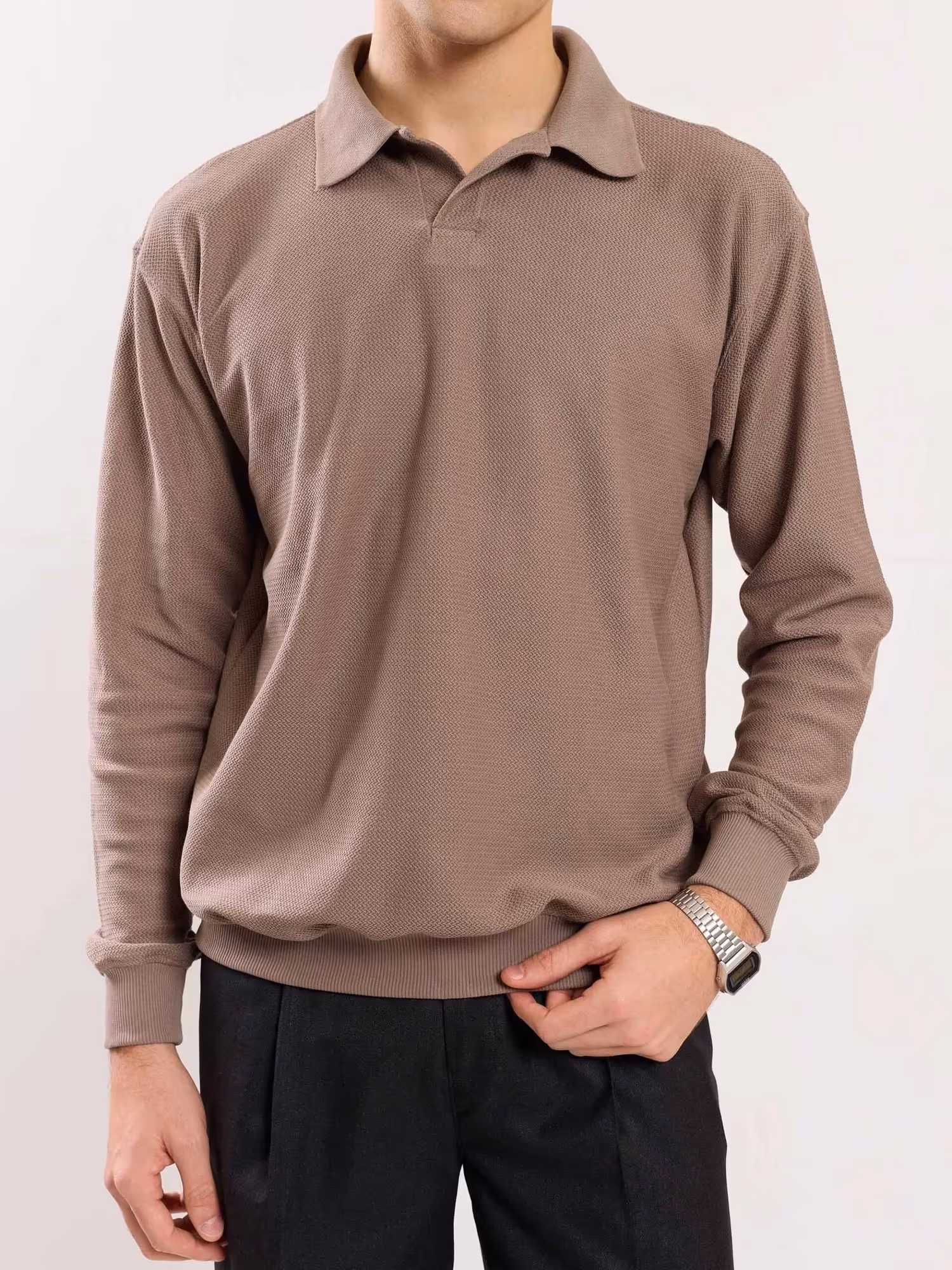 Taupe Jacquard Knit Polo T-shirt image 4