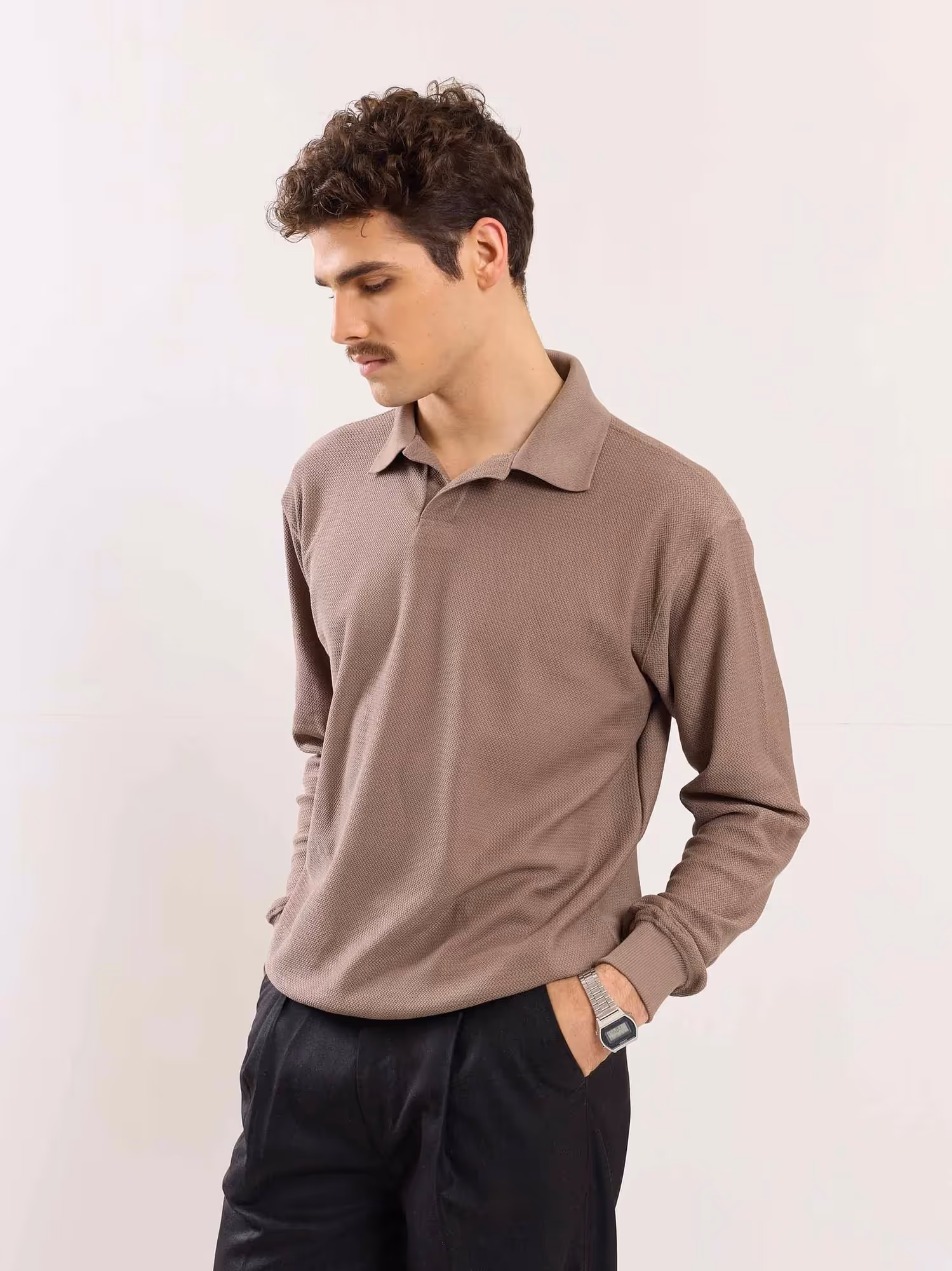 Taupe Jacquard Knit Polo T-shirt image 5