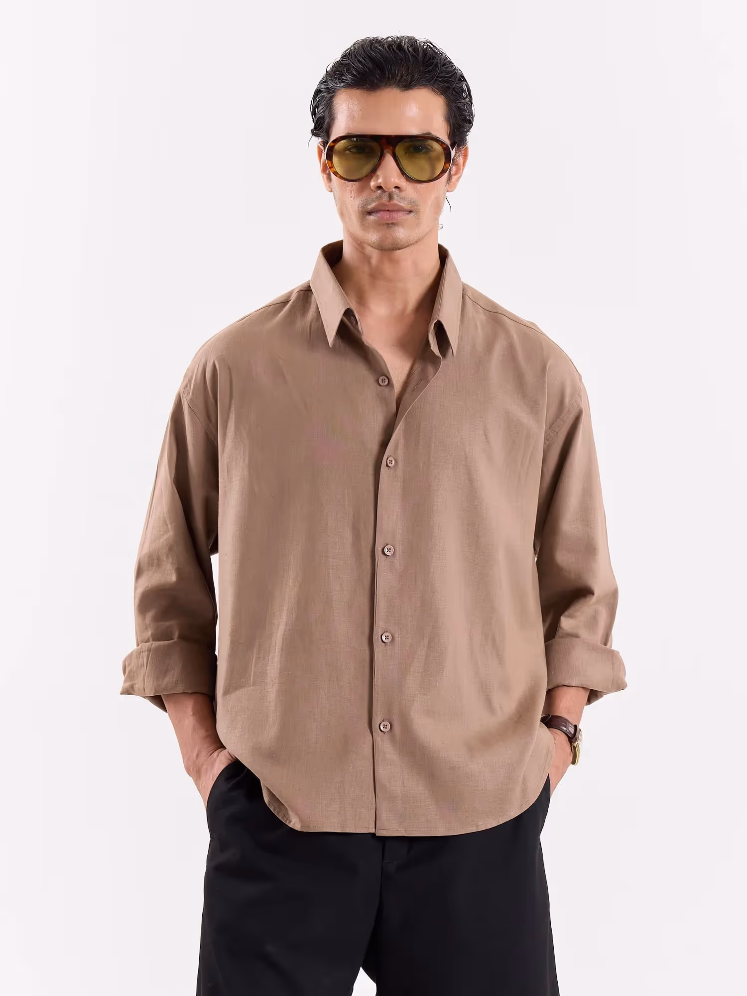 Taupe Linen Cropped Shirt  image 2