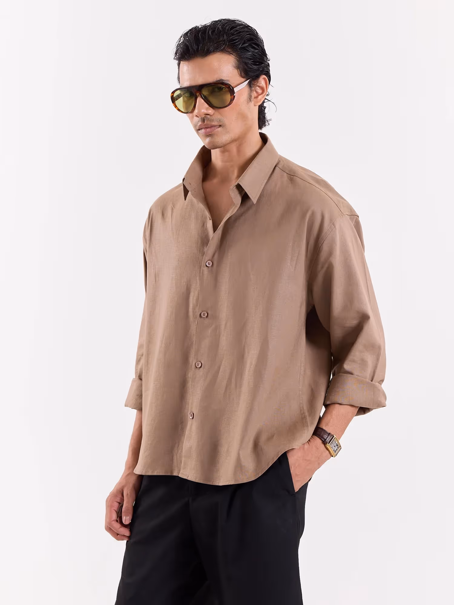 Taupe Linen Cropped Shirt  image 3