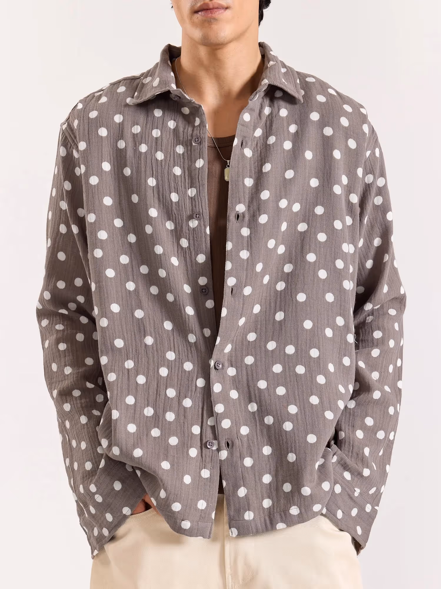 Taupe Polka Dot Gauze Holiday Shirt image 2