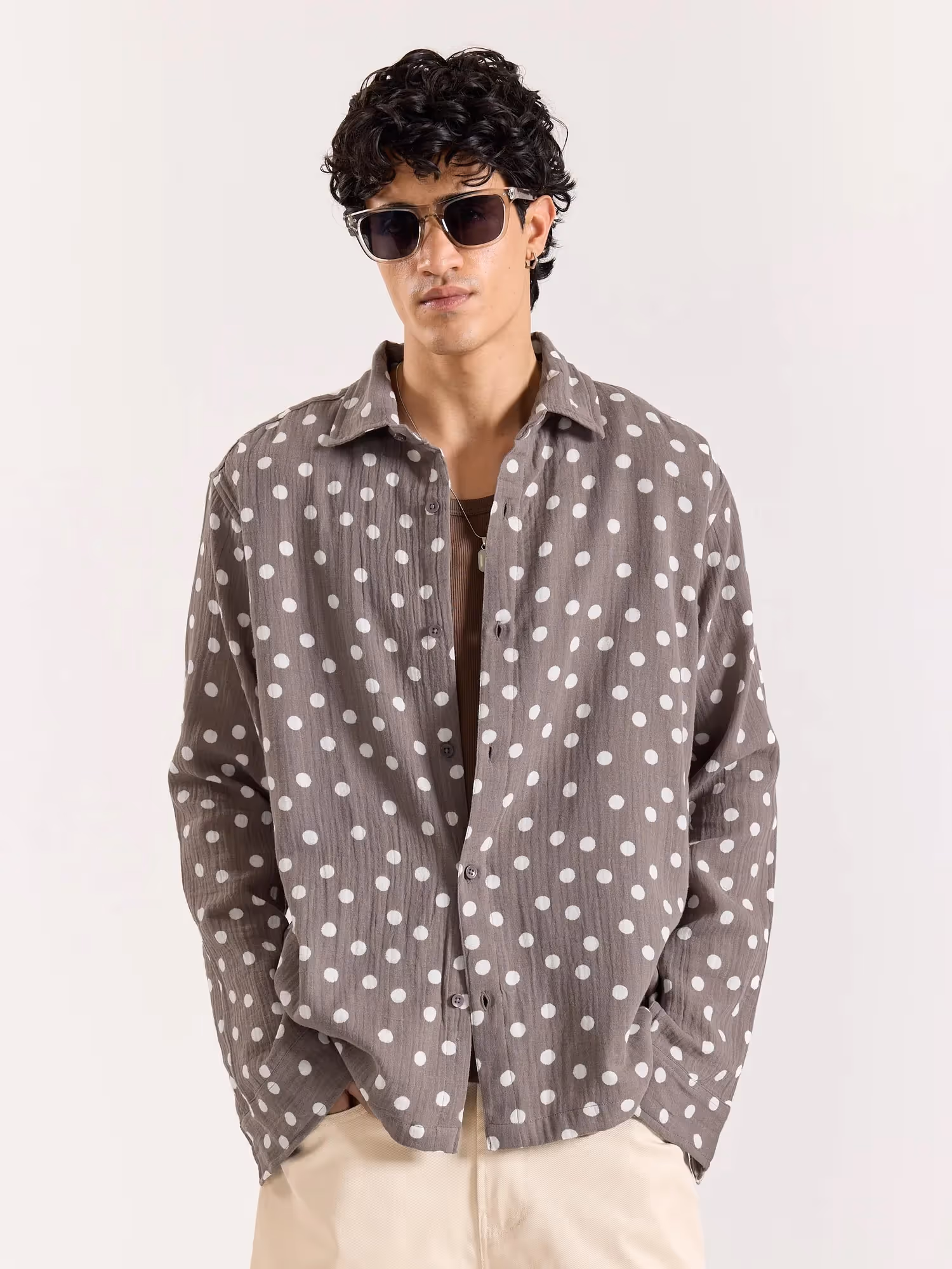 Taupe Polka Dot Gauze Holiday Shirt image 3
