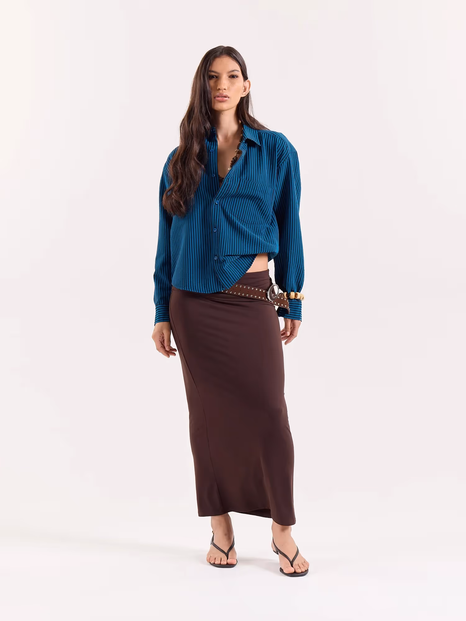 Teal Blue & Black Striped Seersucker Cropped Shirt image 2
