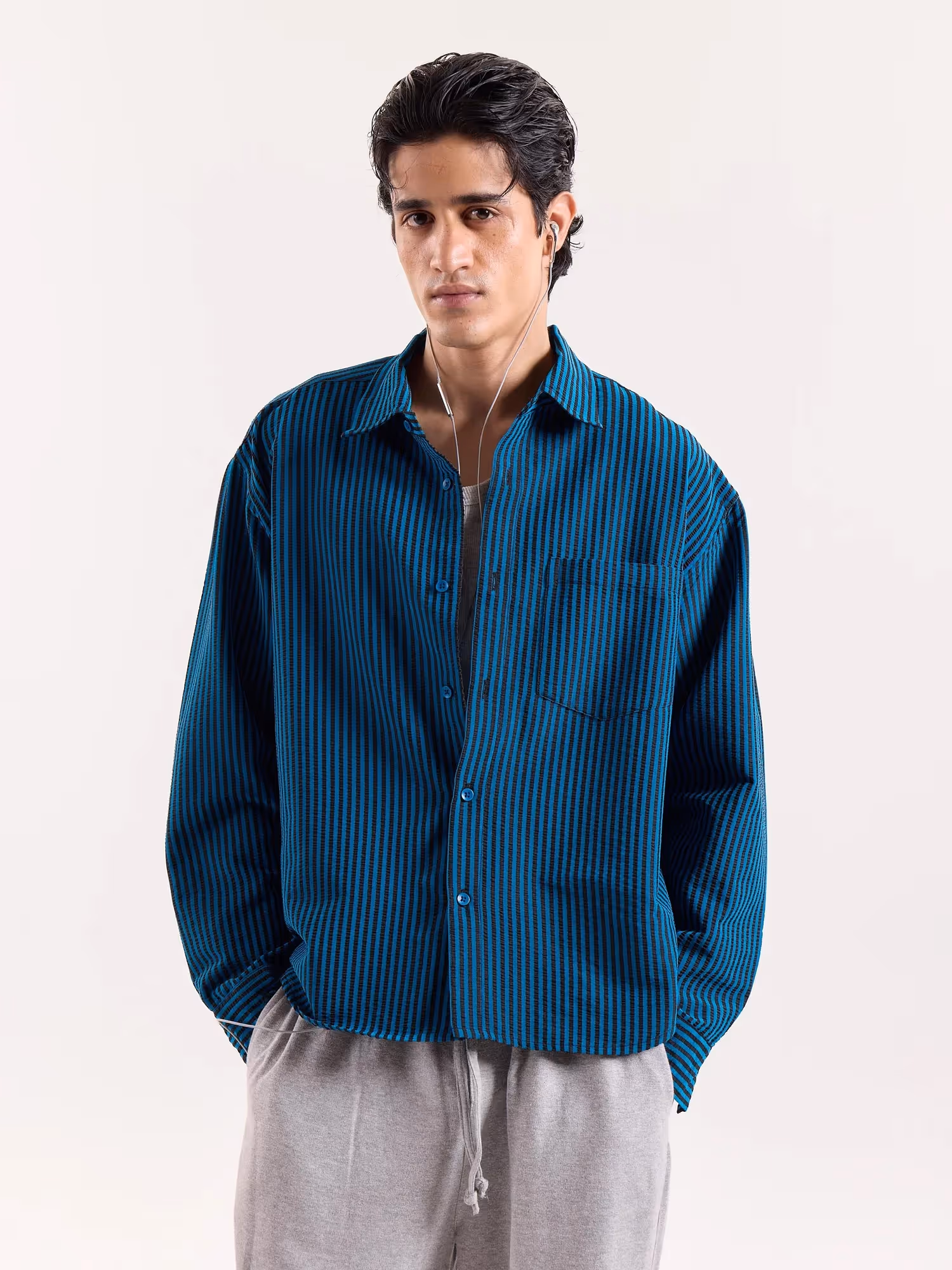 Teal Blue & Black Striped Seersucker Cropped Shirt image 3