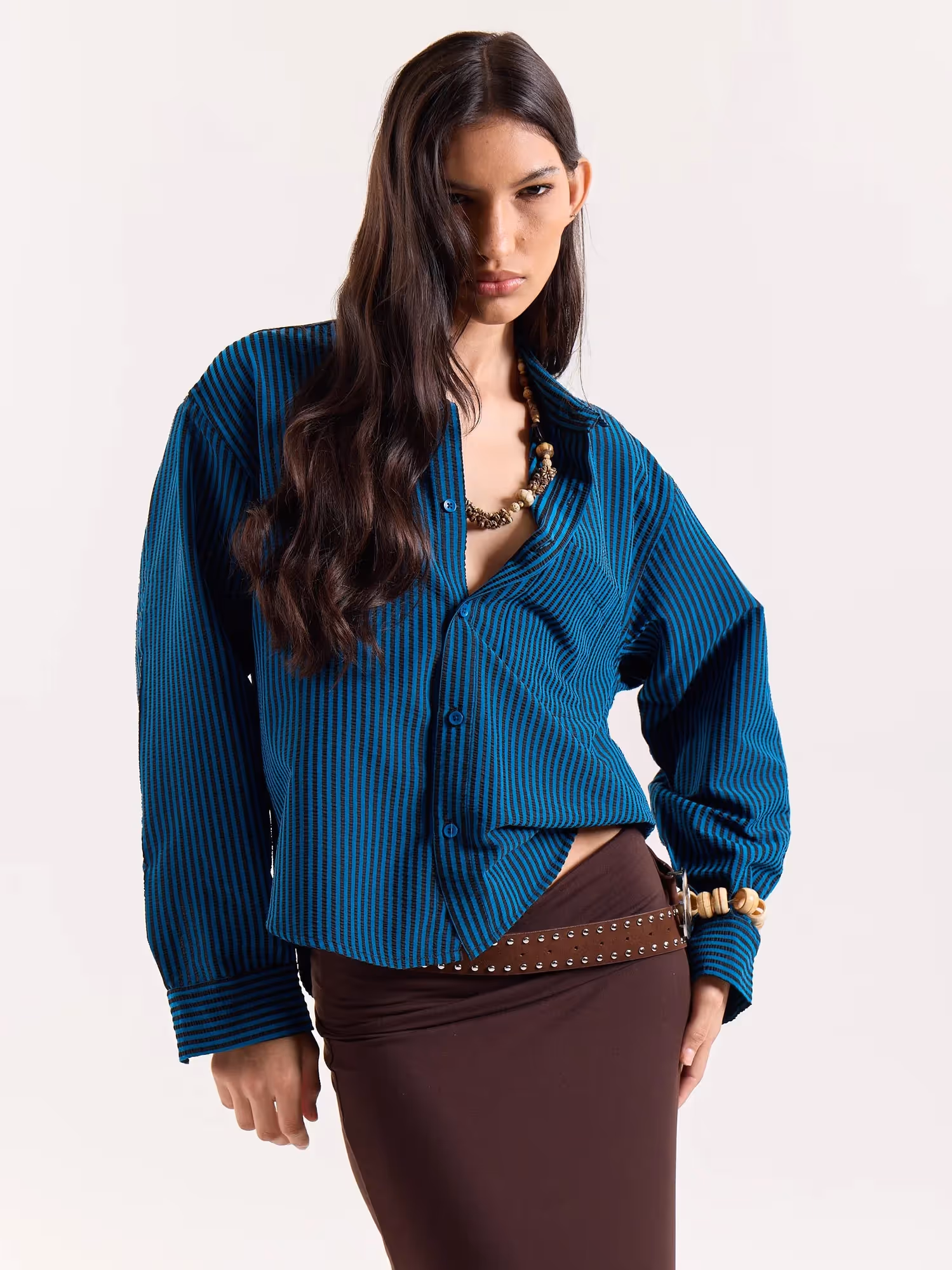 Teal Blue & Black Striped Seersucker Cropped Shirt image 4