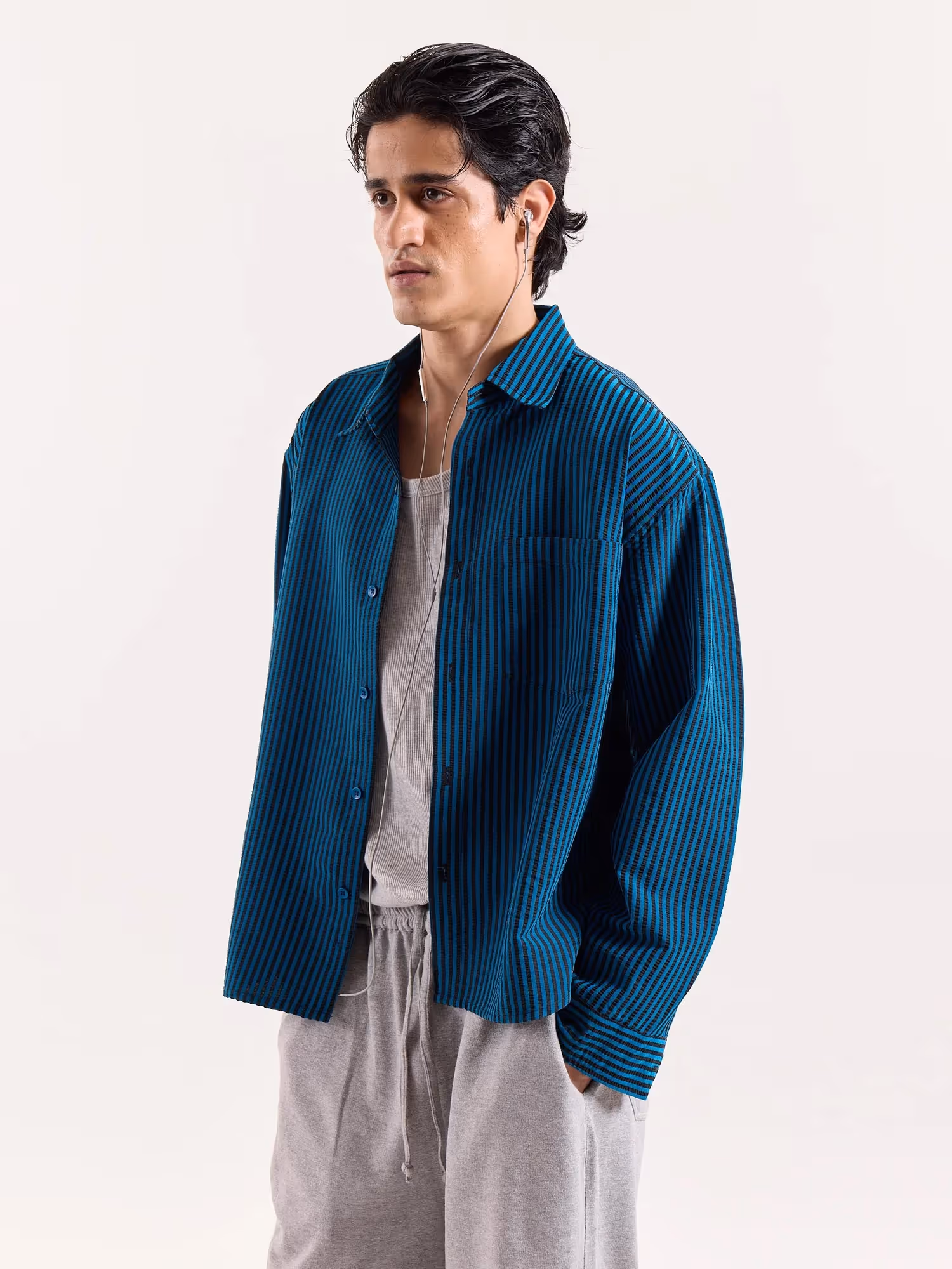 Teal Blue & Black Striped Seersucker Cropped Shirt image 5