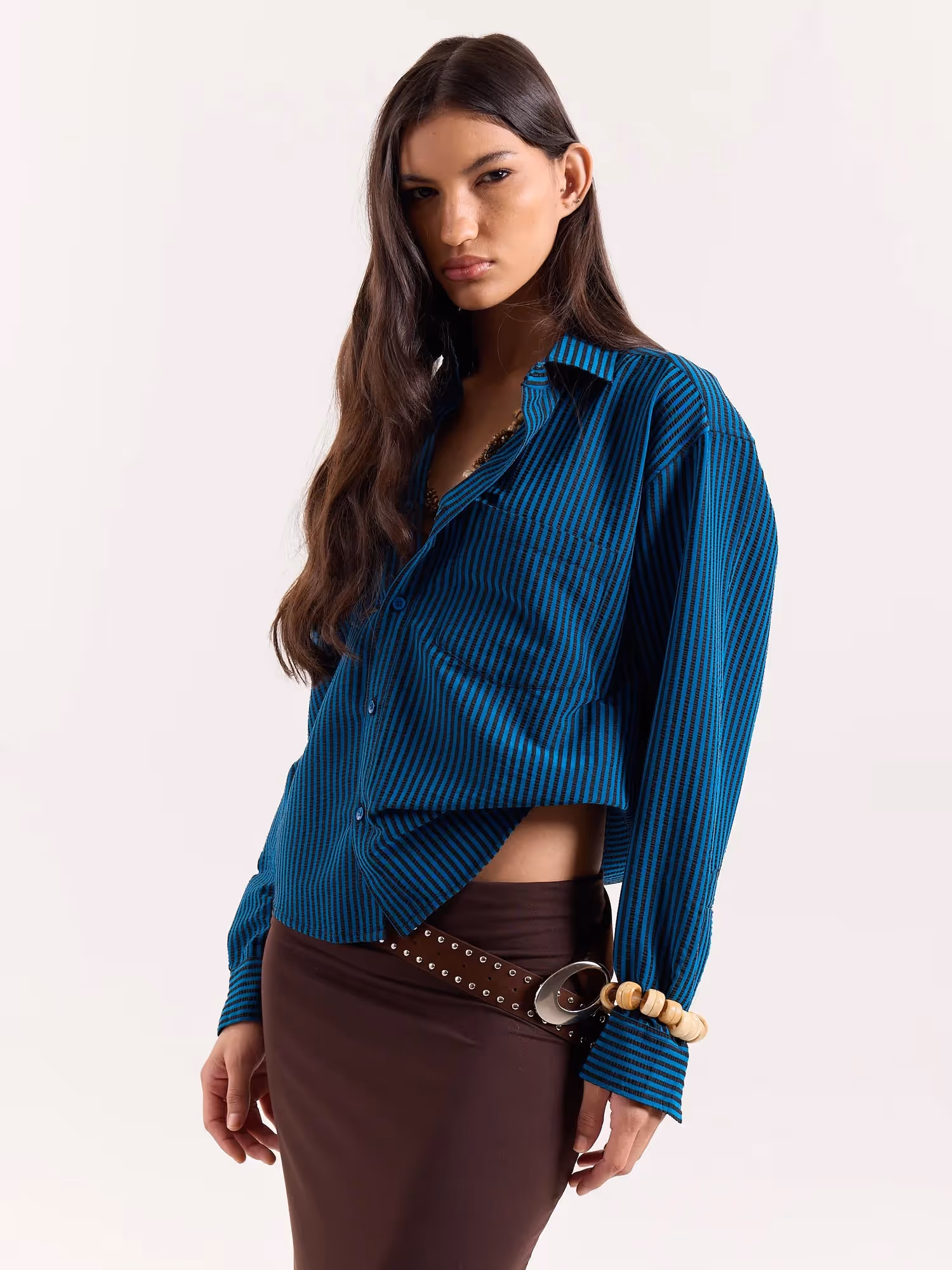 Teal Blue & Black Striped Seersucker Cropped Shirt image 6
