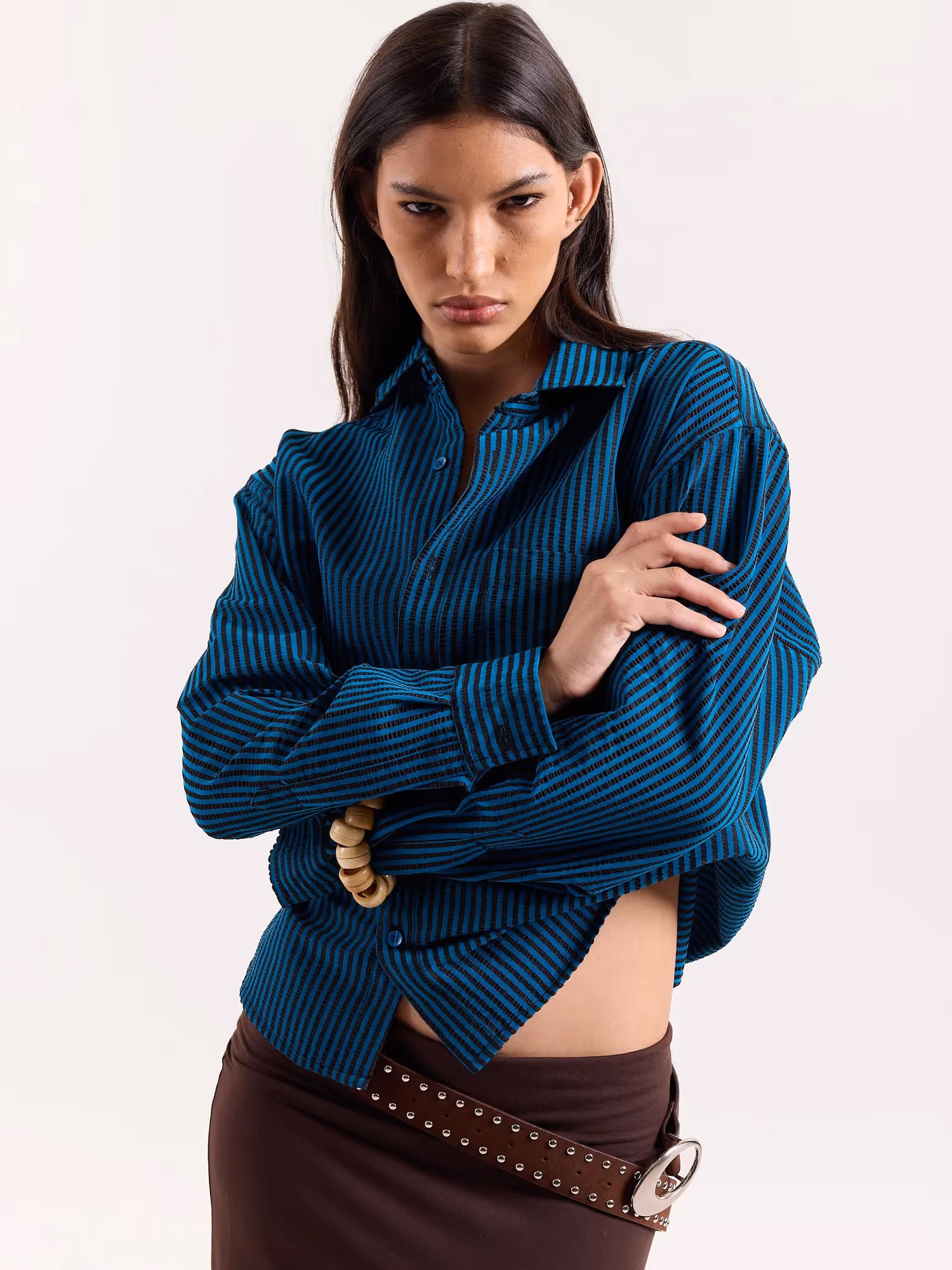 Teal Blue & Black Striped Seersucker Cropped Shirt image 7