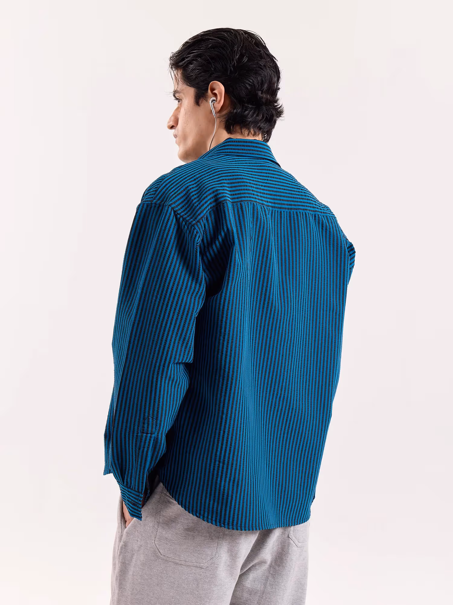 Teal Blue & Black Striped Seersucker Cropped Shirt image 8