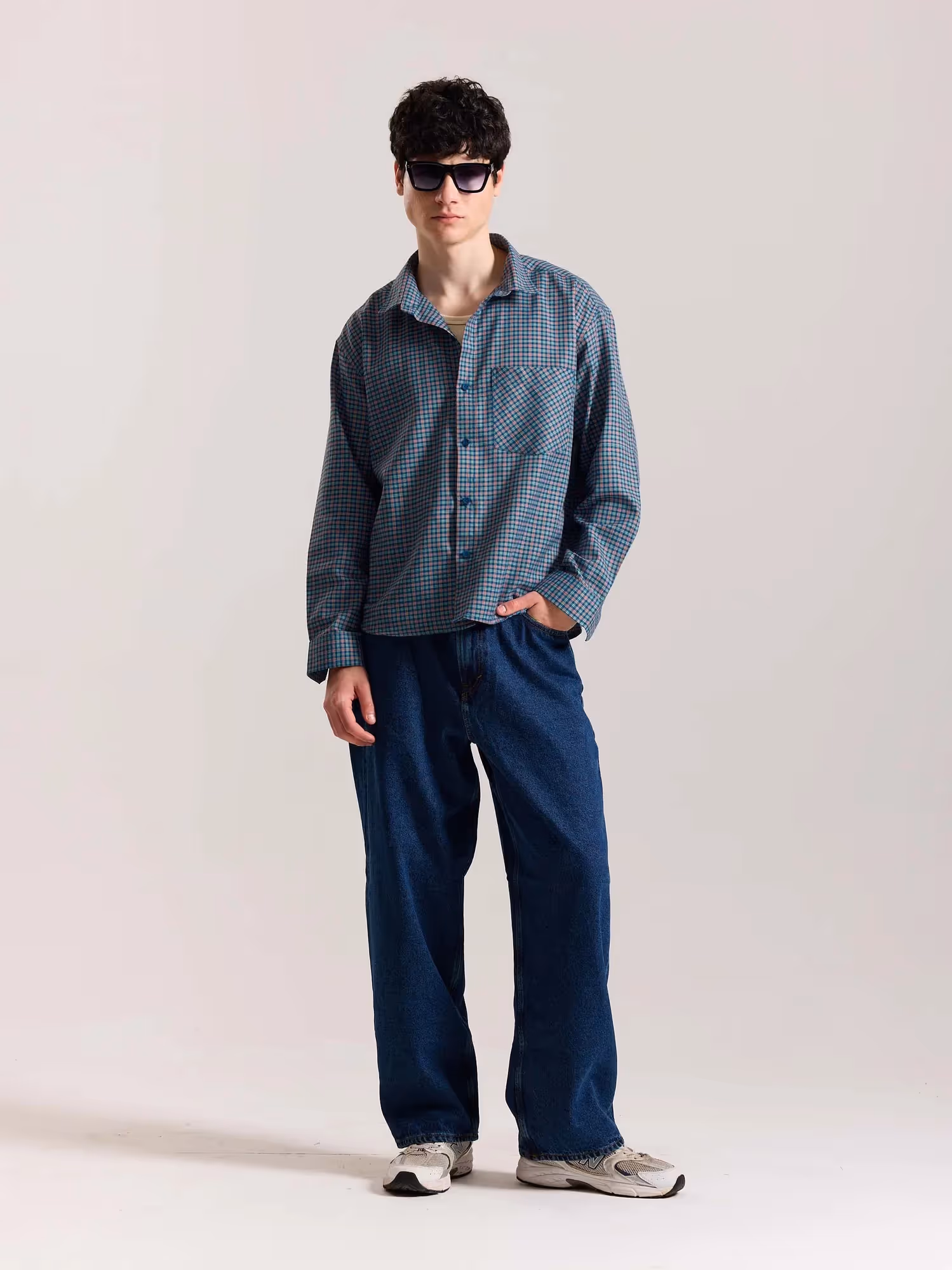Teal Blue & Red Checkered Oversized Cropped Shirt image 1