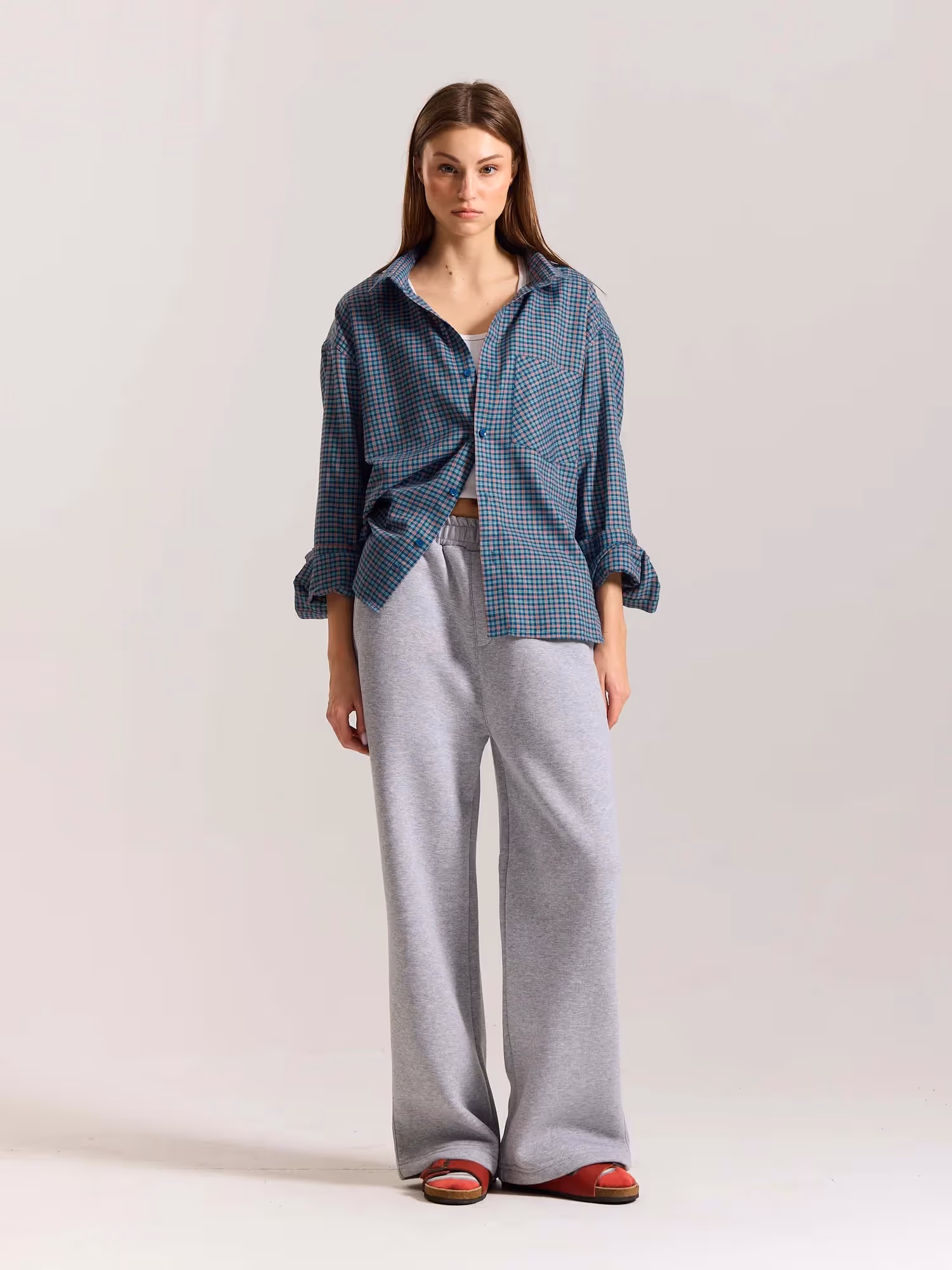 Teal Blue & Red Checkered Oversized Cropped Shirt image 2