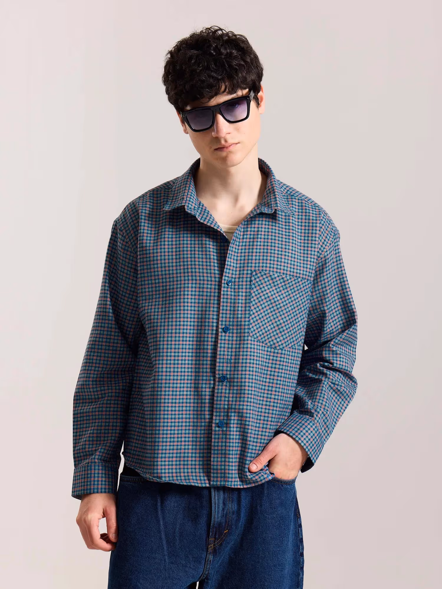 Teal Blue & Red Checkered Oversized Cropped Shirt image 3