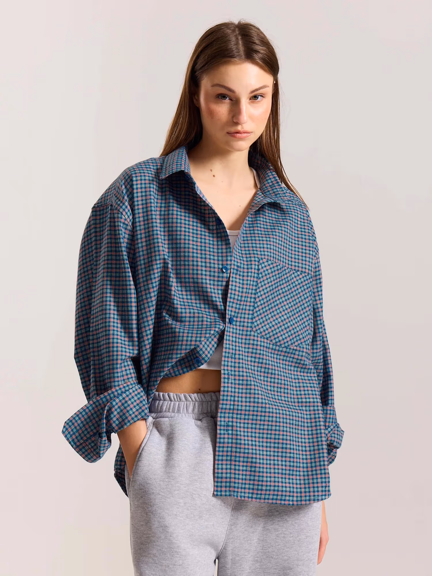 Teal Blue & Red Checkered Oversized Cropped Shirt image 4