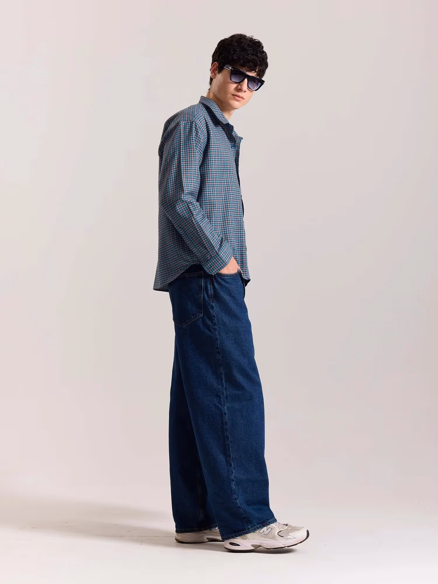 Teal Blue & Red Checkered Oversized Cropped Shirt image 5