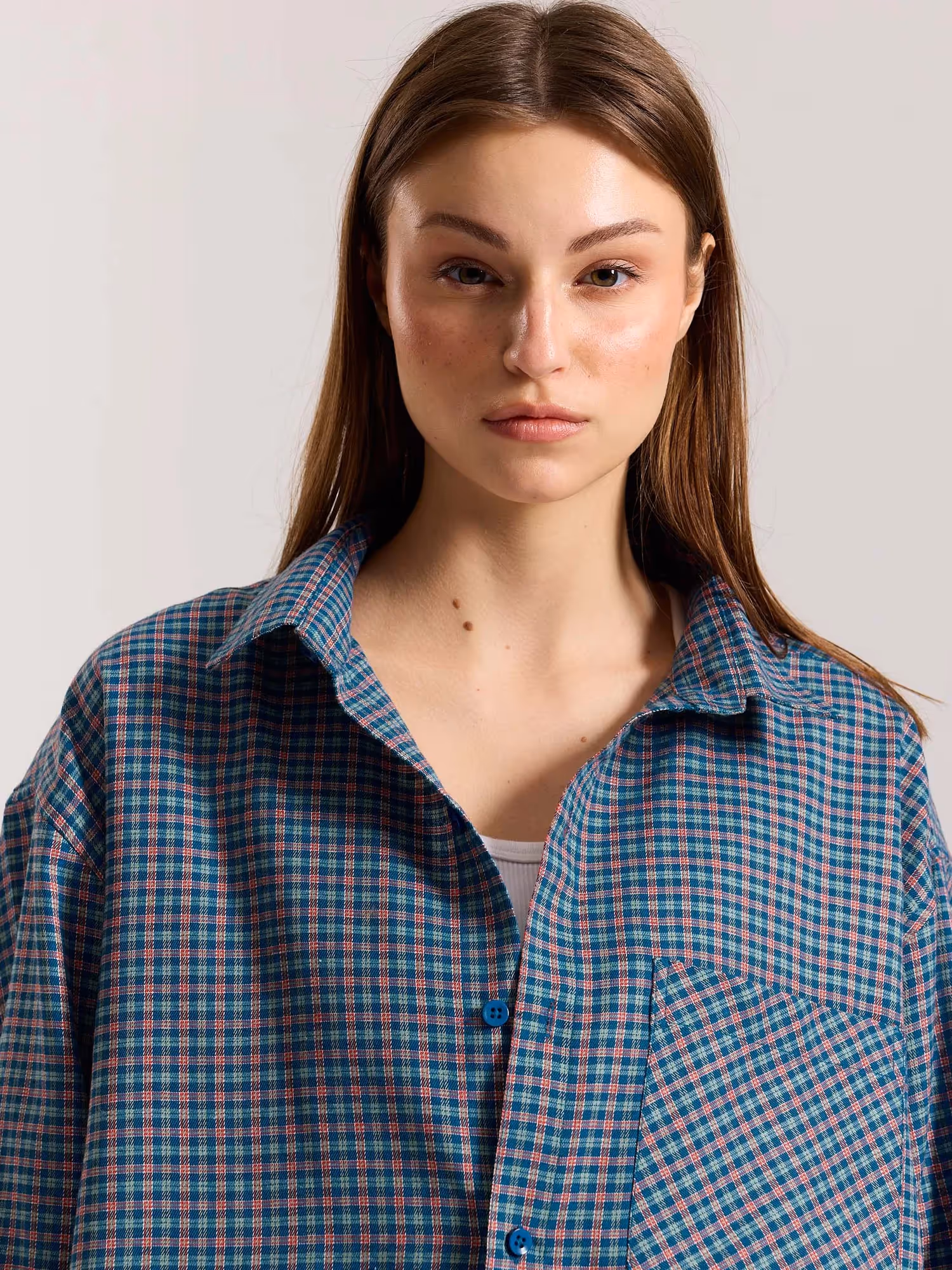 Teal Blue & Red Checkered Oversized Cropped Shirt image 6