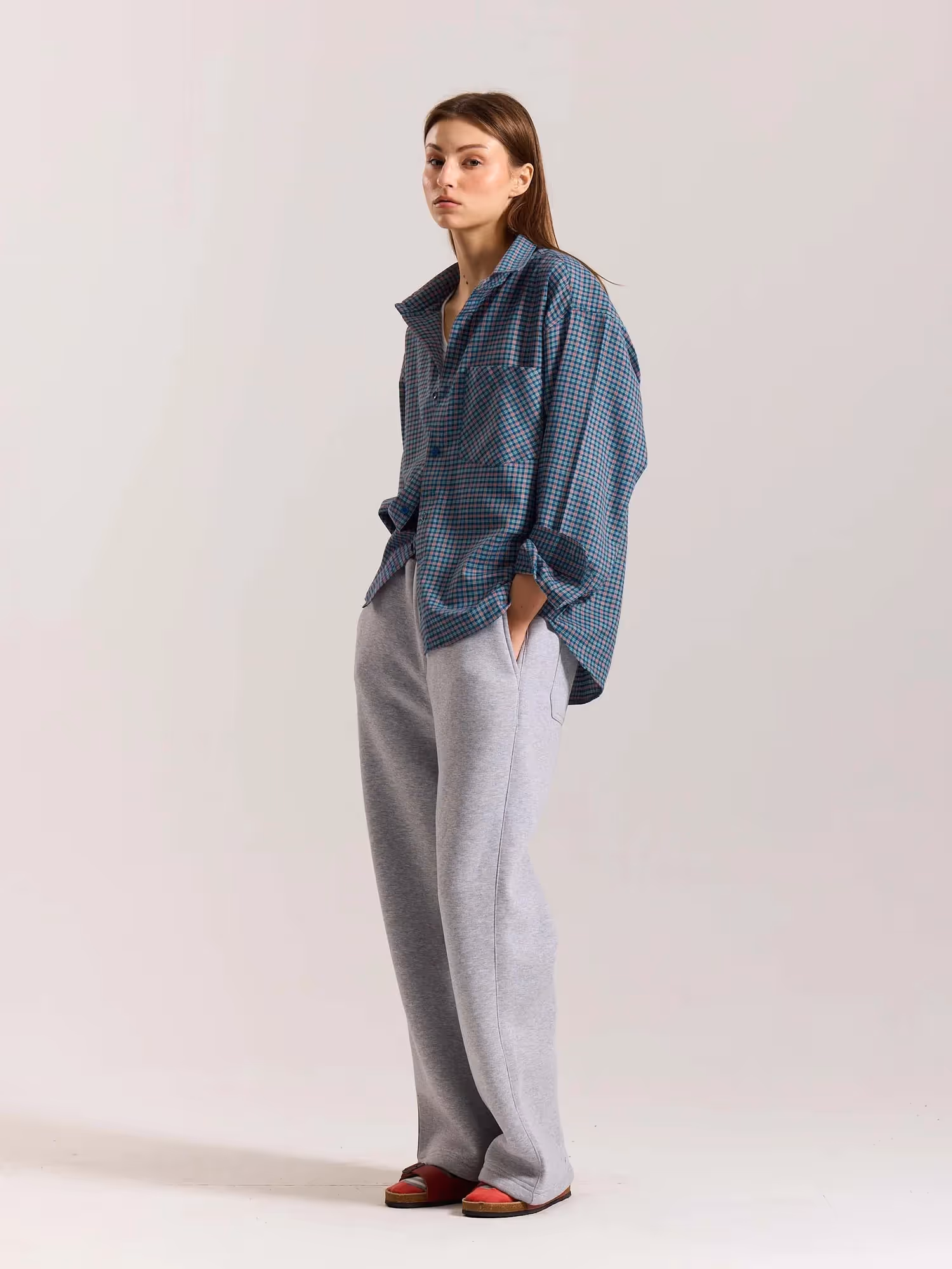 Teal Blue & Red Checkered Oversized Cropped Shirt image 7