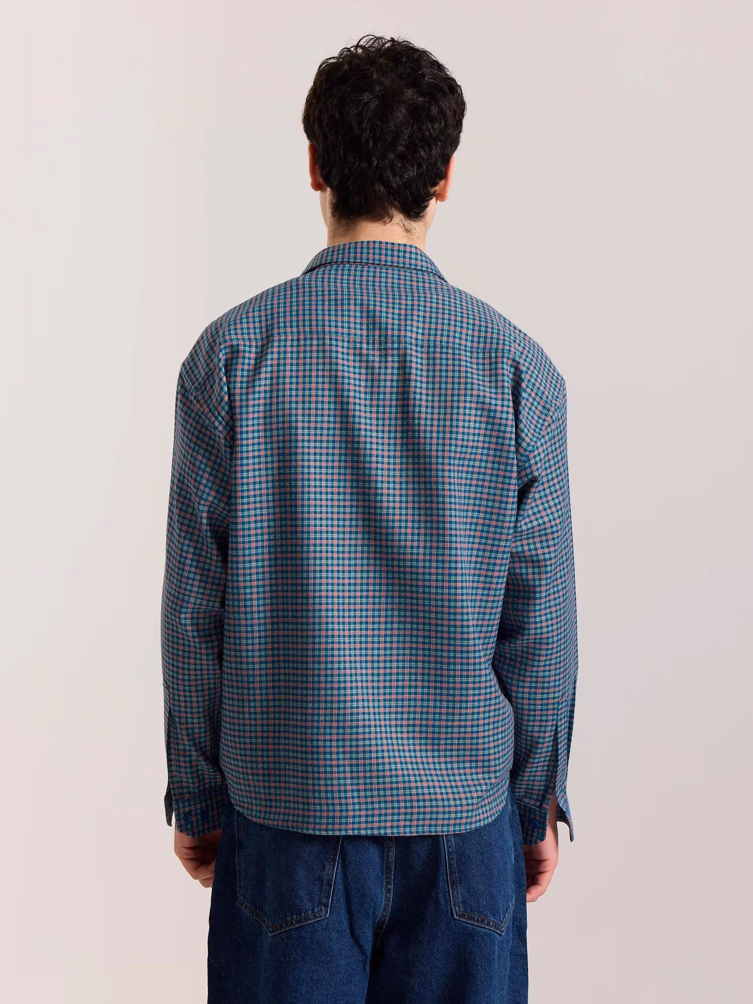 Teal Blue & Red Checkered Oversized Cropped Shirt image 8